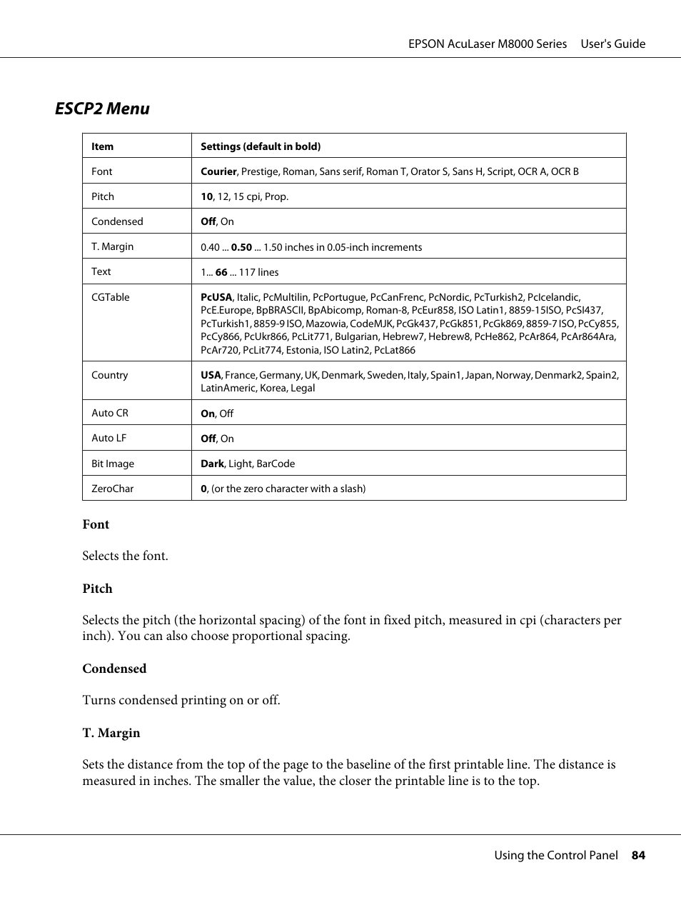 Escp2 menu | Epson ACULASER M8000 series User Manual | Page 84 / 248