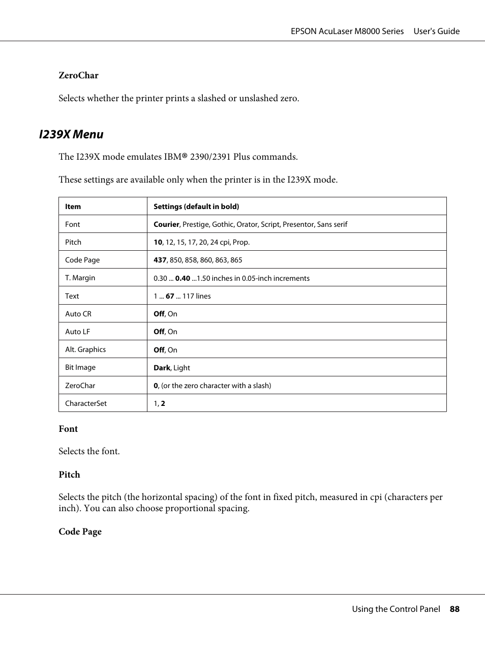 I239x menu | Epson ACULASER M8000 series User Manual | Page 88 / 248