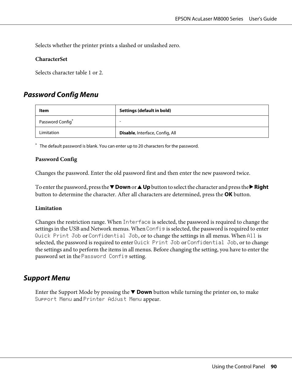 Password config menu, Support menu, Password config menu support menu | Epson ACULASER M8000 series User Manual | Page 90 / 248