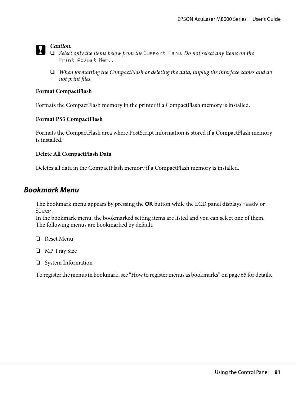 Bookmark menu | Epson ACULASER M8000 series User Manual | Page 91 / 248