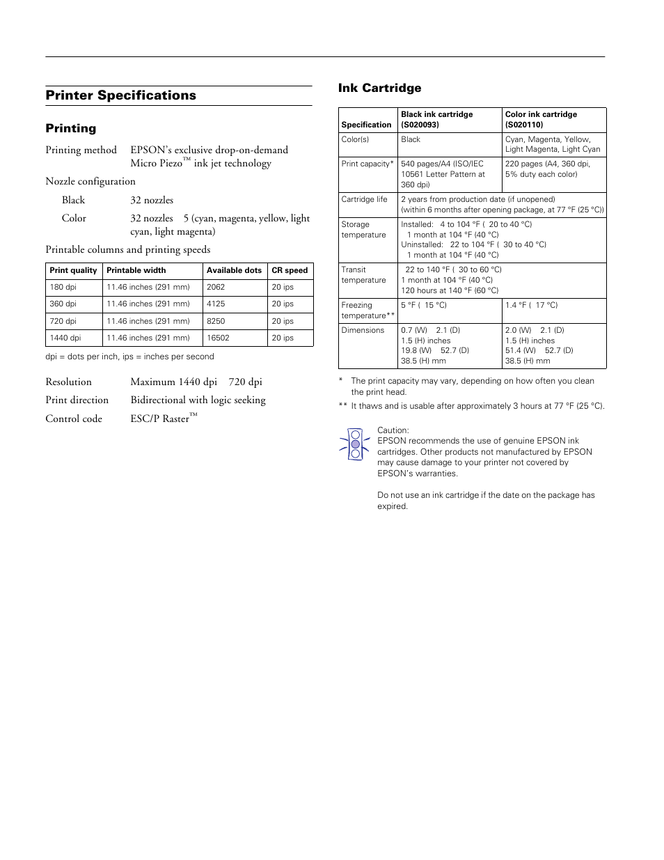 Printer specifications, Printing, Ink cartridge | Epson stylus photo ex | Epson Stylus Photo EX 220-240 V User Manual | Page 2 / 12