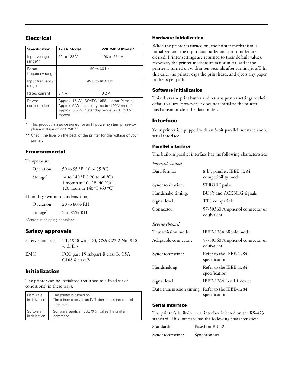 Electrical, Environmental, Safety approvals | Initialization, Interface, Epson stylus photo ex | Epson Stylus Photo EX 220-240 V User Manual | Page 5 / 12