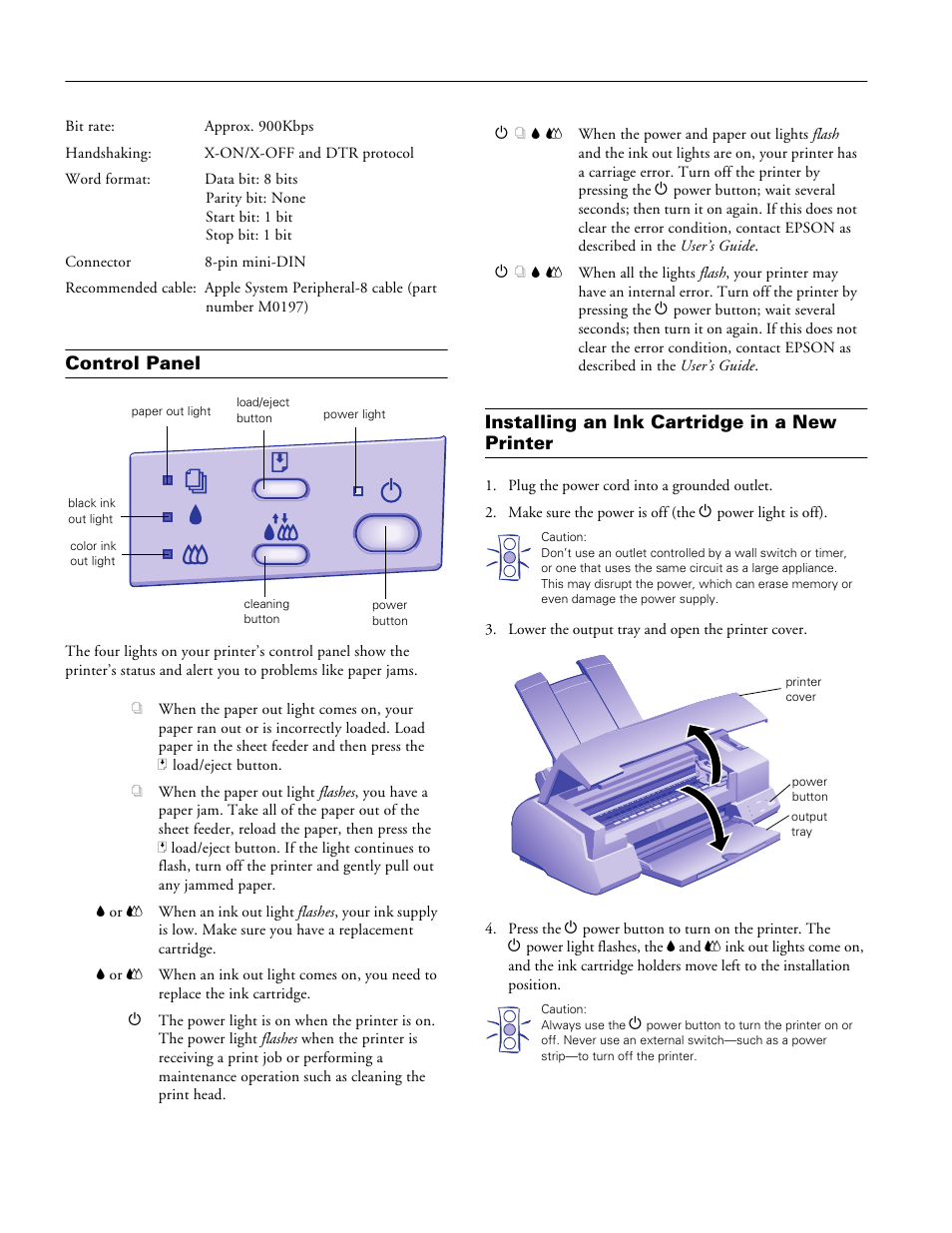 Control panel, Installing an ink cartridge in a new printer | Epson Stylus Photo EX 220-240 V User Manual | Page 6 / 12