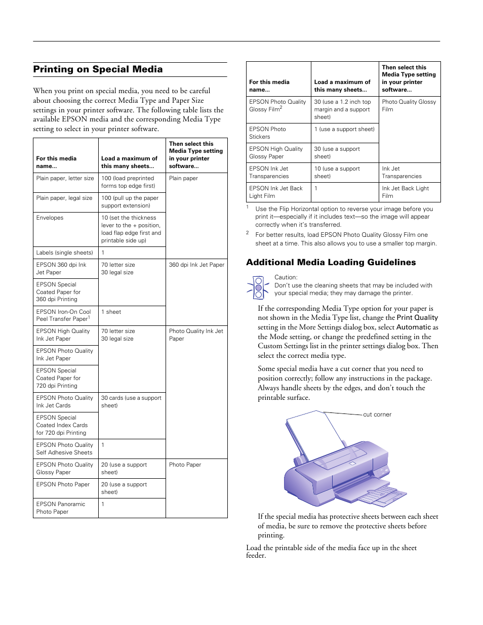 Printing on special media, Additional media loading guidelines, Epson stylus photo ex | Epson Stylus Photo EX 220-240 V User Manual | Page 8 / 12