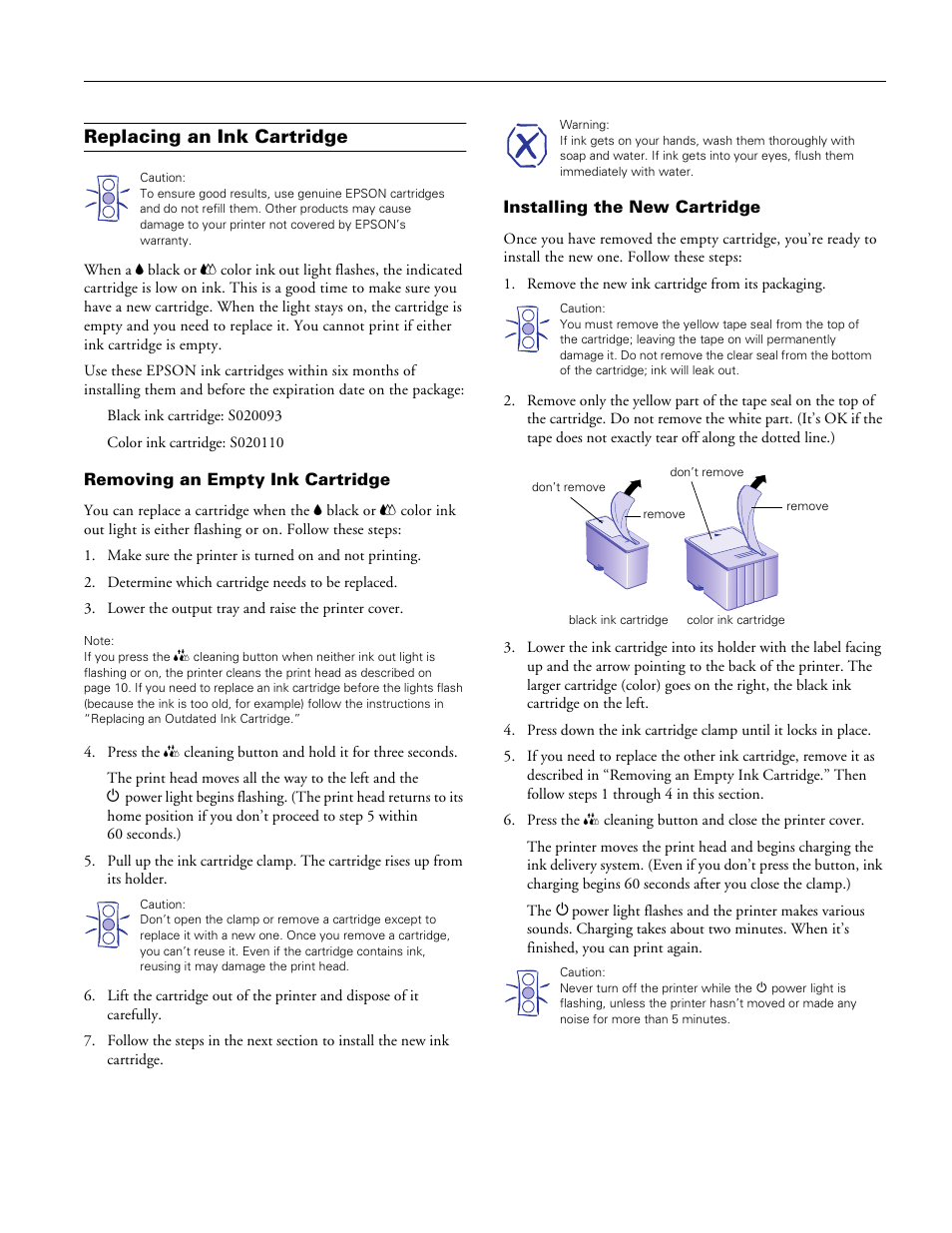 Replacing an ink cartridge, Removing an empty ink cartridge, Installing the new cartridge | Epson stylus photo ex | Epson Stylus Photo EX 220-240 V User Manual | Page 9 / 12