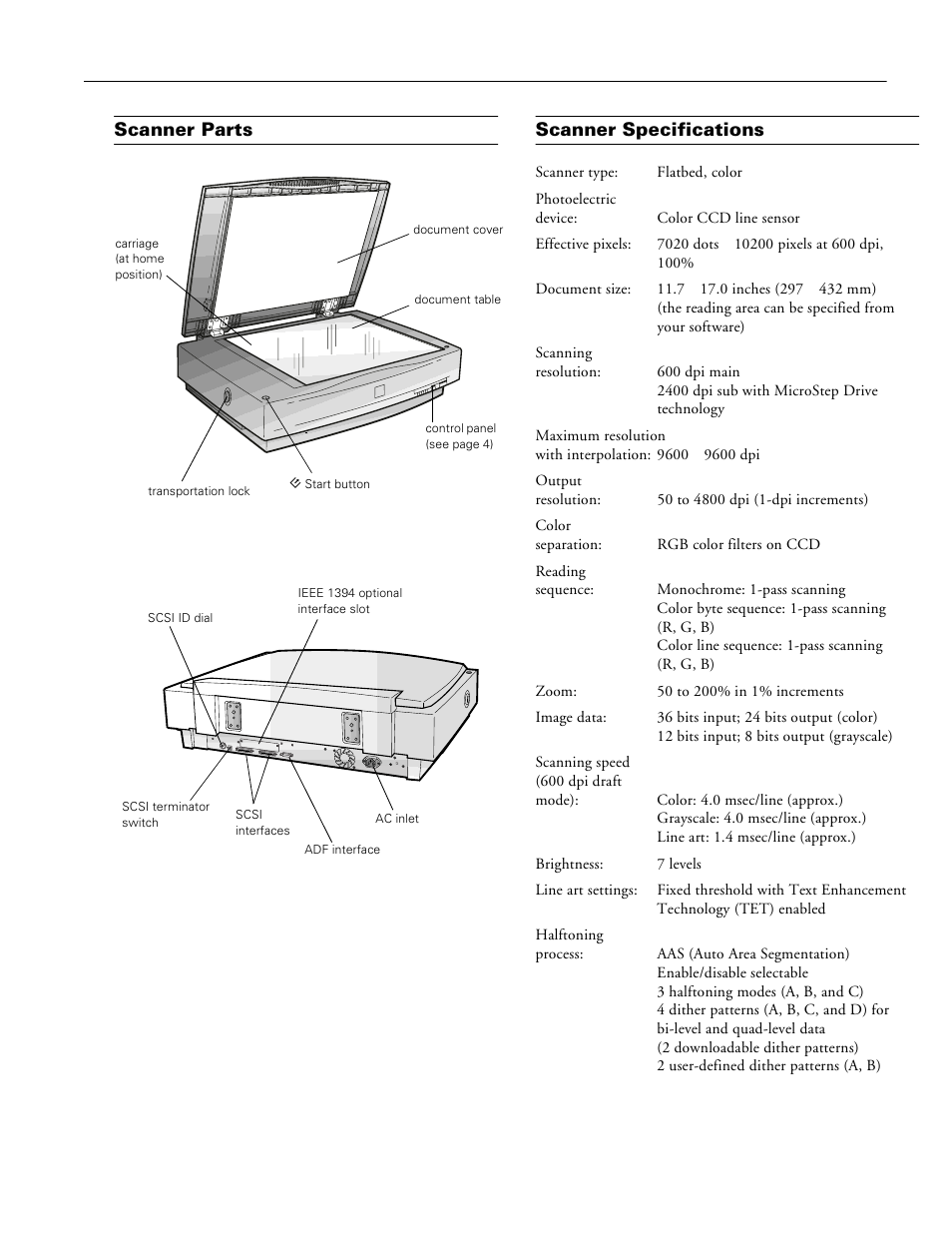 Scanner parts scanner specifications | Epson GT-10000 User Manual | Page 2 / 9