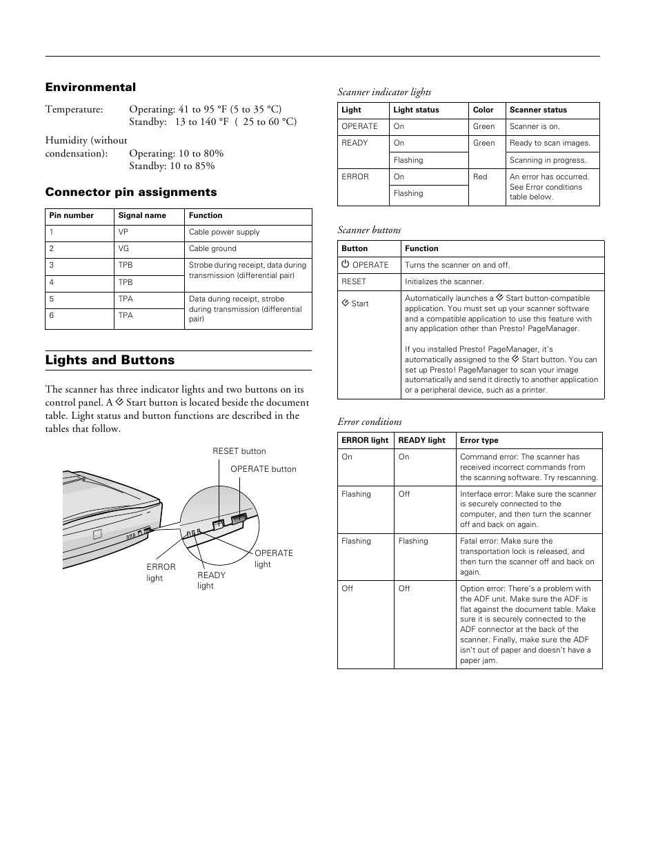 Lights and buttons, Environmental, Connector pin assignments | Epson GT-10000 User Manual | Page 5 / 9