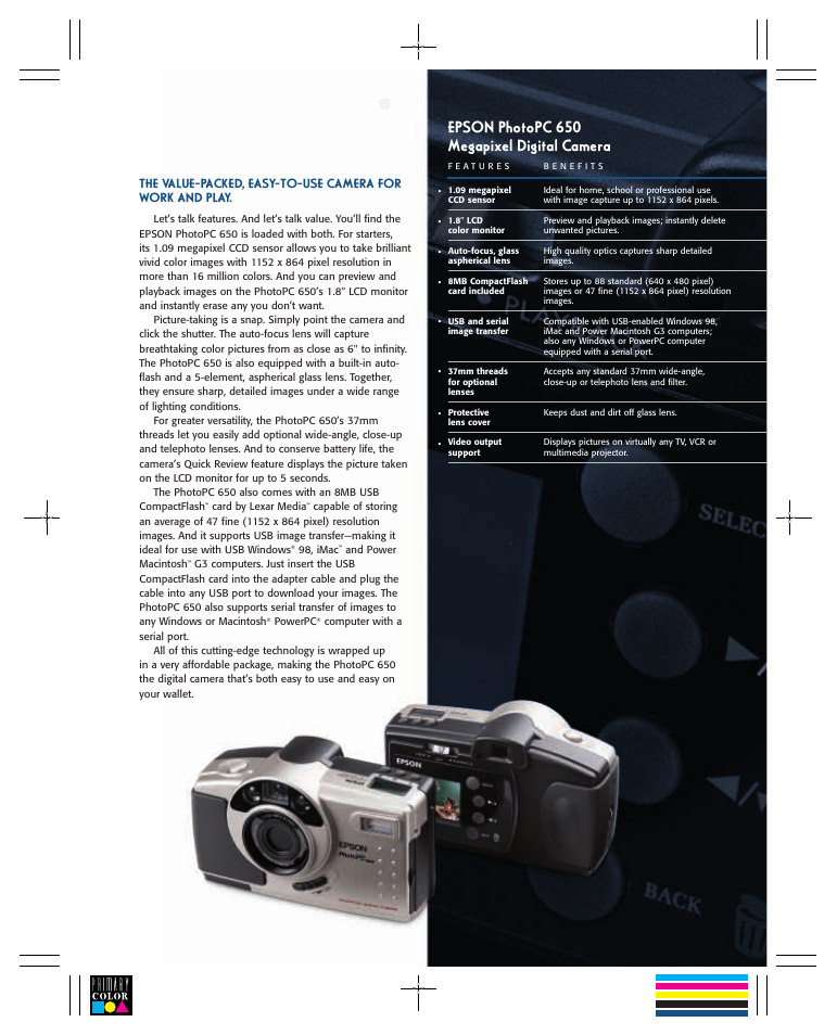 Epson PhotoPC Megapixel Digital Camera 650 User Manual | 2 pages