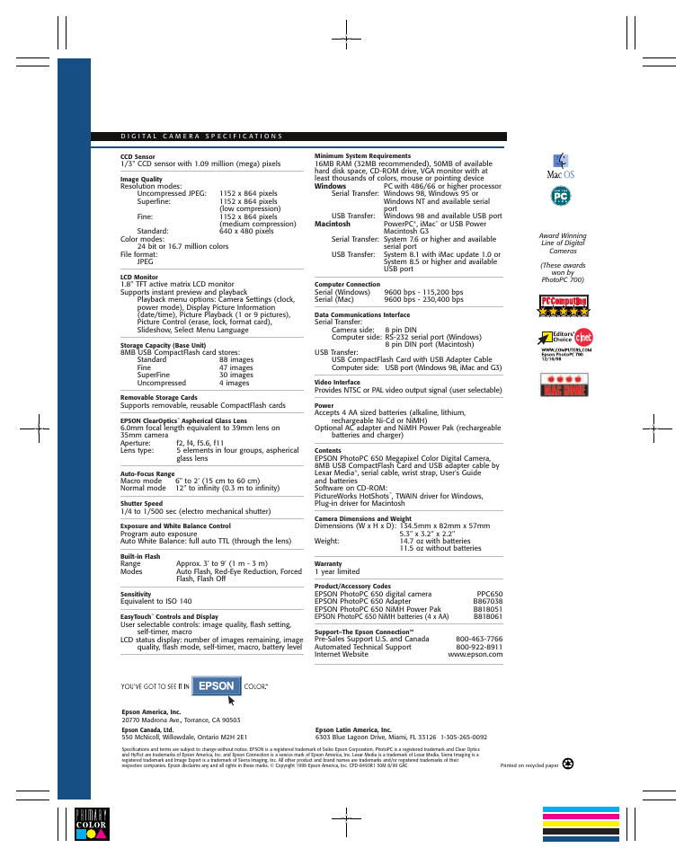 Epson PhotoPC Megapixel Digital Camera 650 User Manual | Page 2 / 2