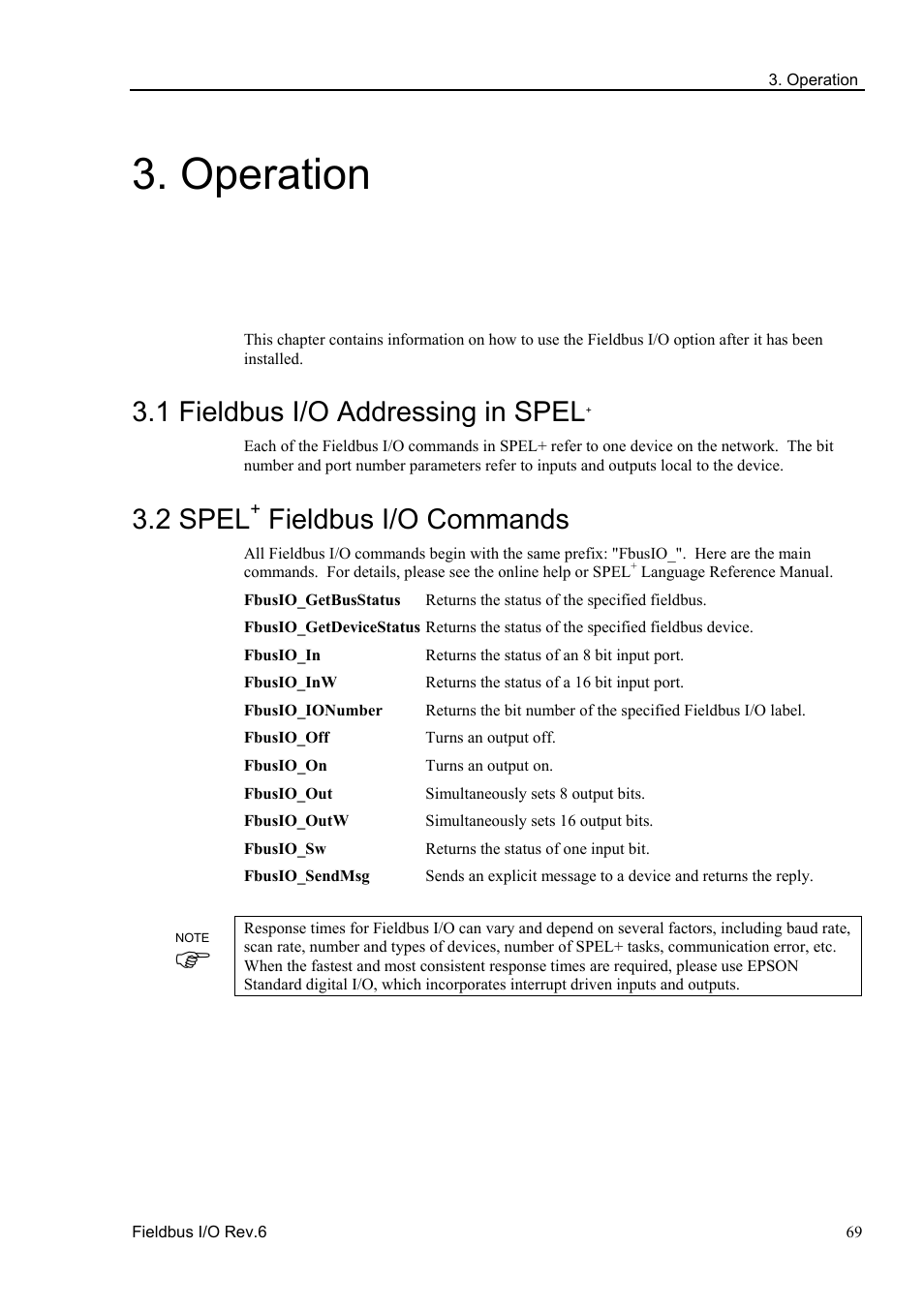 Operation, 1 fieldbus i/o addressing in spel, 2 spel+ fieldbus i/o commands | 2 spel, Fieldbus i/o commands | Epson EM07ZS1647F User Manual | Page 81 / 168