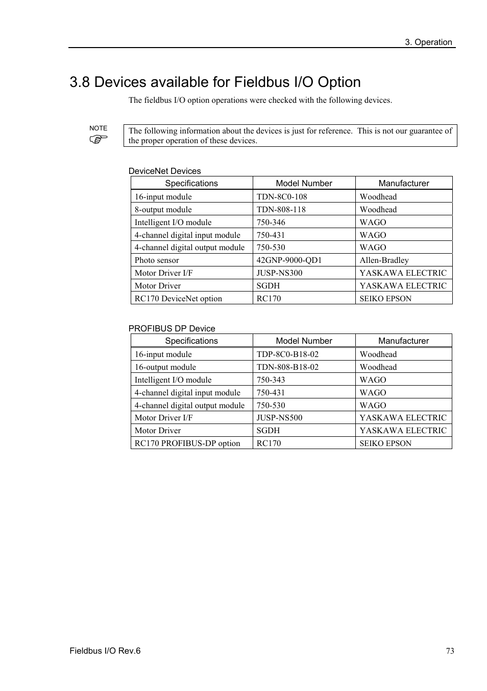 8 devices available for fieldbus i/o option | Epson EM07ZS1647F User Manual | Page 85 / 168