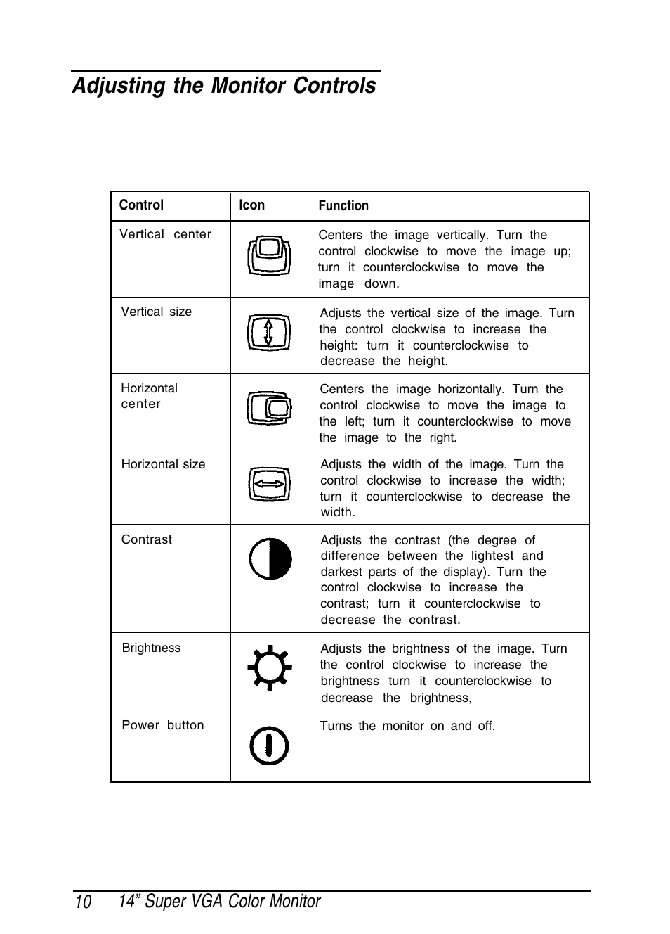 Adjusting the monitor controls, 10 14” super vga color monitor | Epson A881381 User Manual | Page 18 / 26