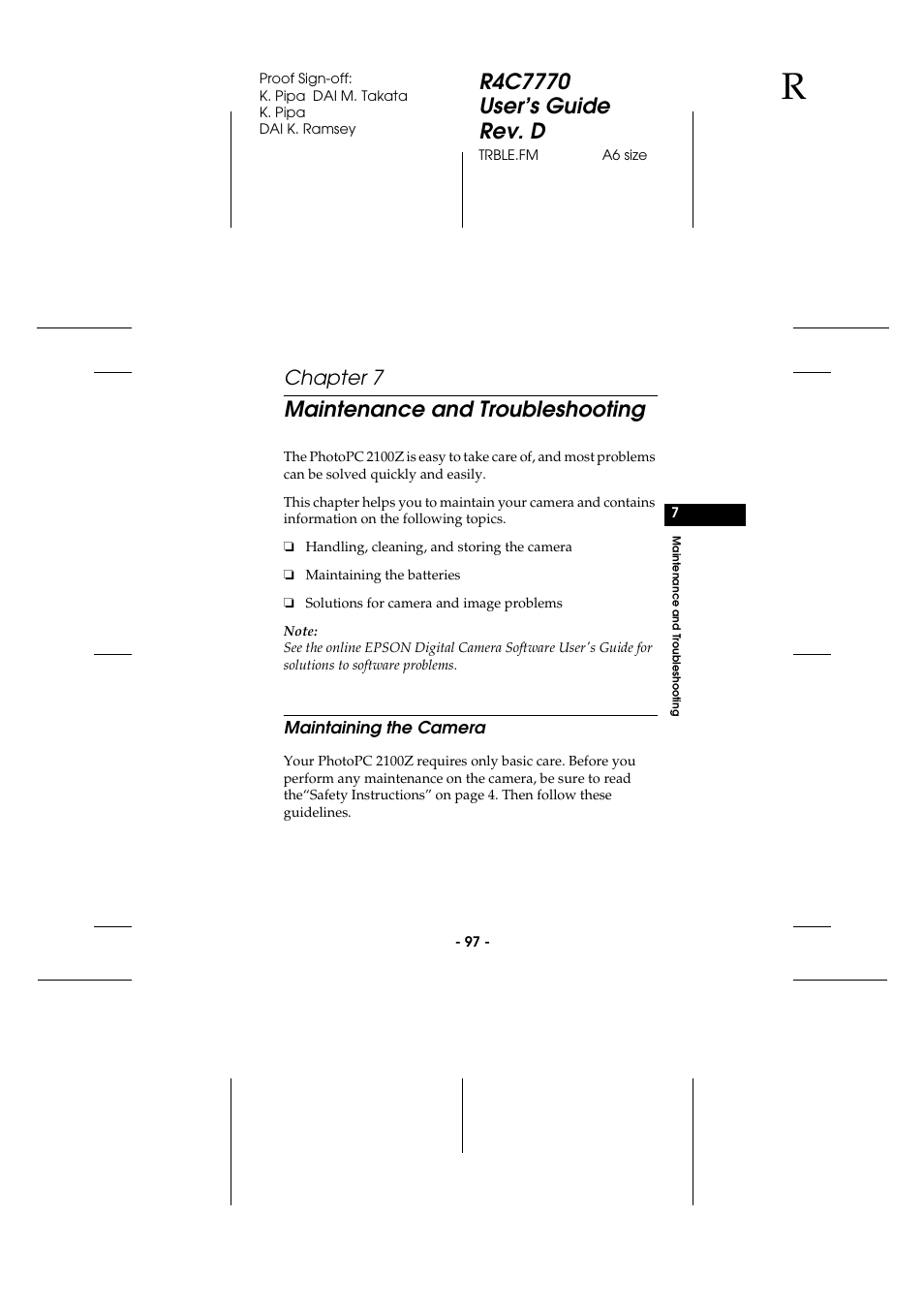 Maintenance and troubleshooting, Maintaining the camera, Chapter 7 | Epson 2100Z User Manual | Page 109 / 156