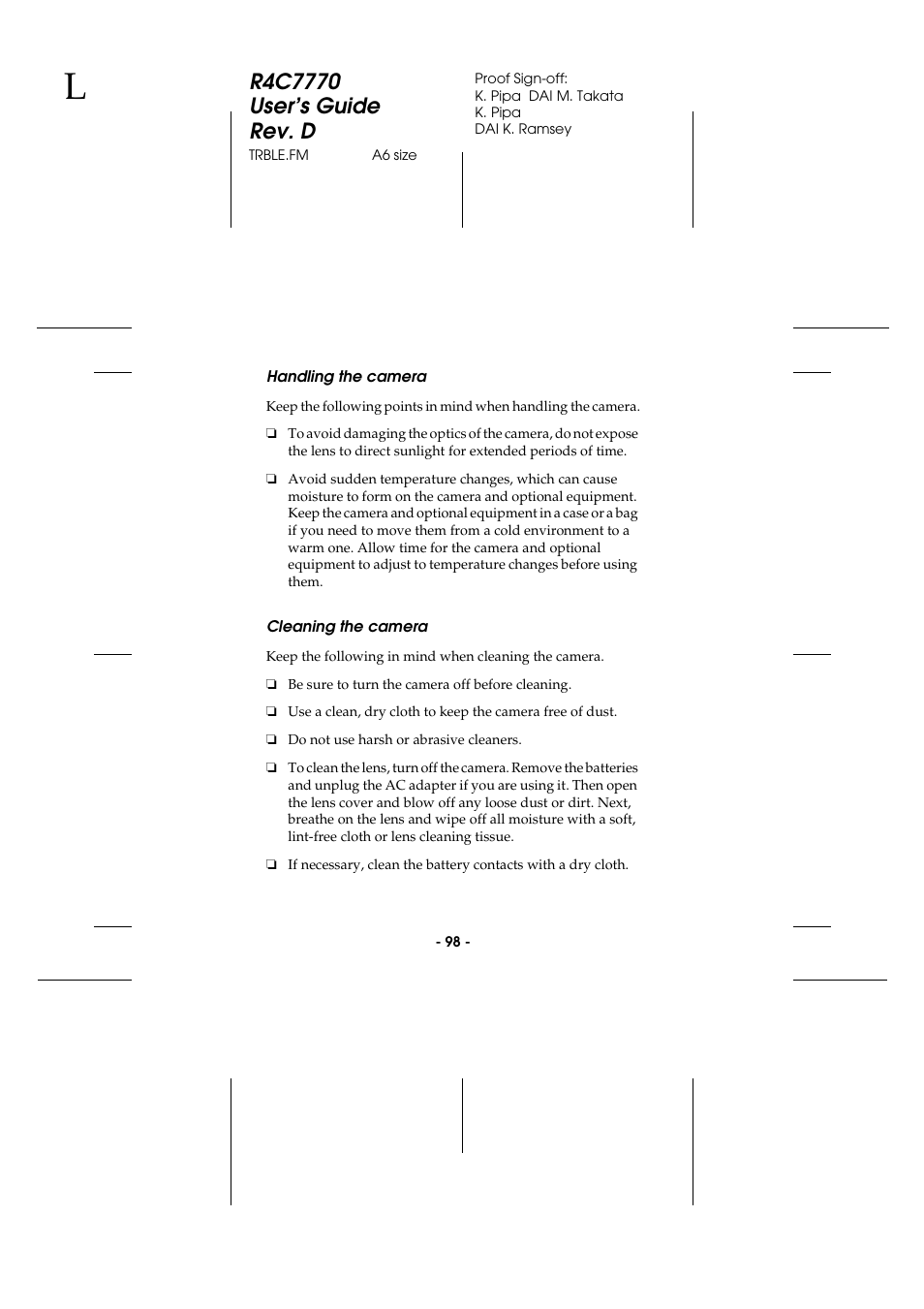 Handling the camera, Cleaning the camera, Handling the camera cleaning the camera | Epson 2100Z User Manual | Page 110 / 156