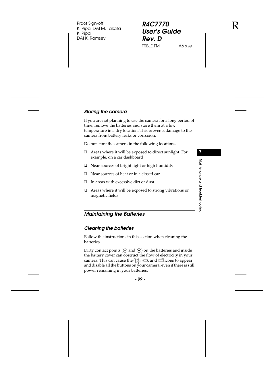 Storing the camera, Maintaining the batteries, Cleaning the batteries | Epson 2100Z User Manual | Page 111 / 156
