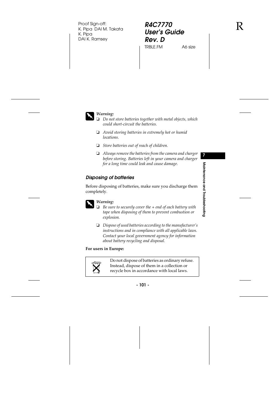 Disposing of batteries | Epson 2100Z User Manual | Page 113 / 156