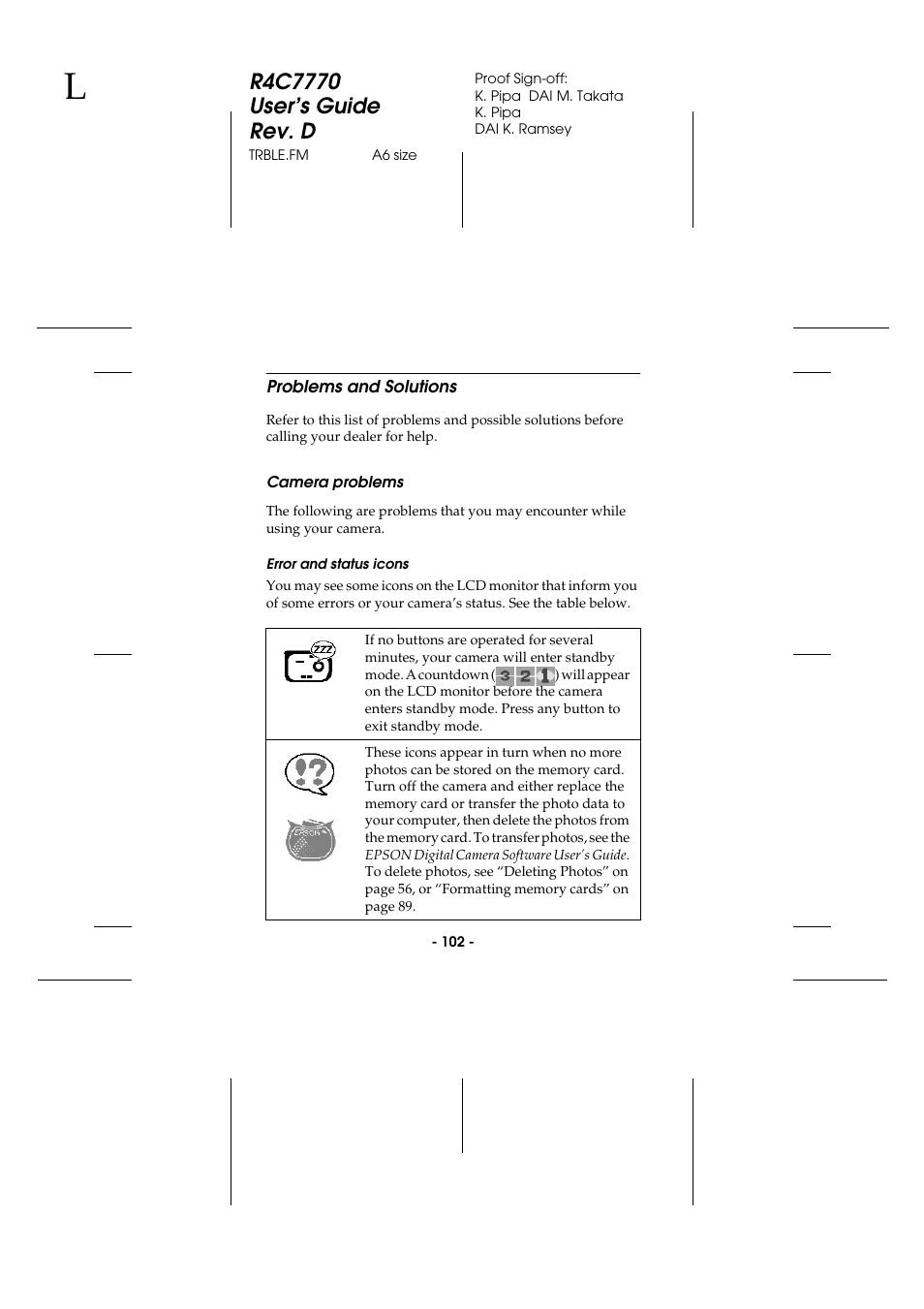 Problems and solutions, Camera problems, Error and status icons | Epson 2100Z User Manual | Page 114 / 156