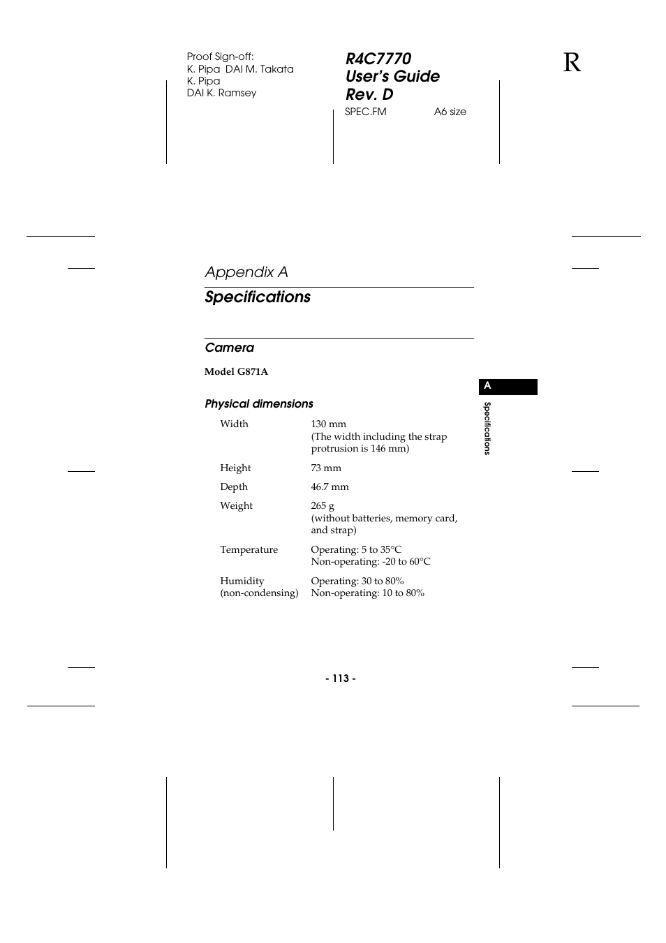 A. specifications, Camera, Physical dimensions | Specifications, Appendix a | Epson 2100Z User Manual | Page 125 / 156