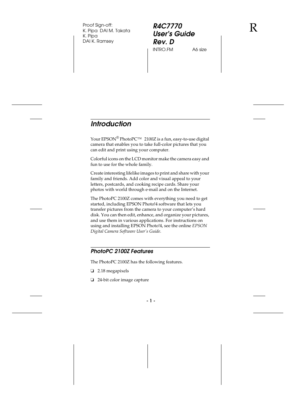 Introduction, Photopc 2100z features | Epson 2100Z User Manual | Page 13 / 156