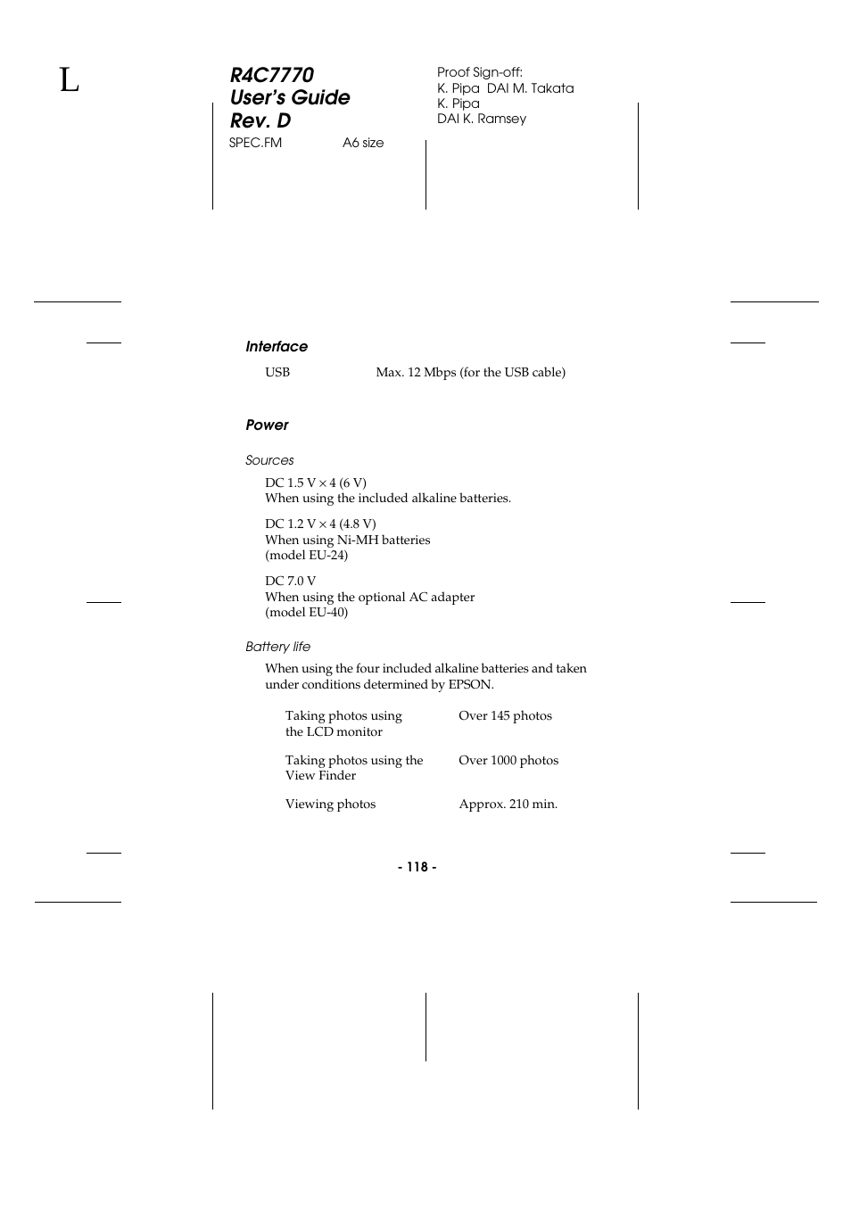 Interface, Power, Sources | Battery life, Interface power | Epson 2100Z User Manual | Page 130 / 156