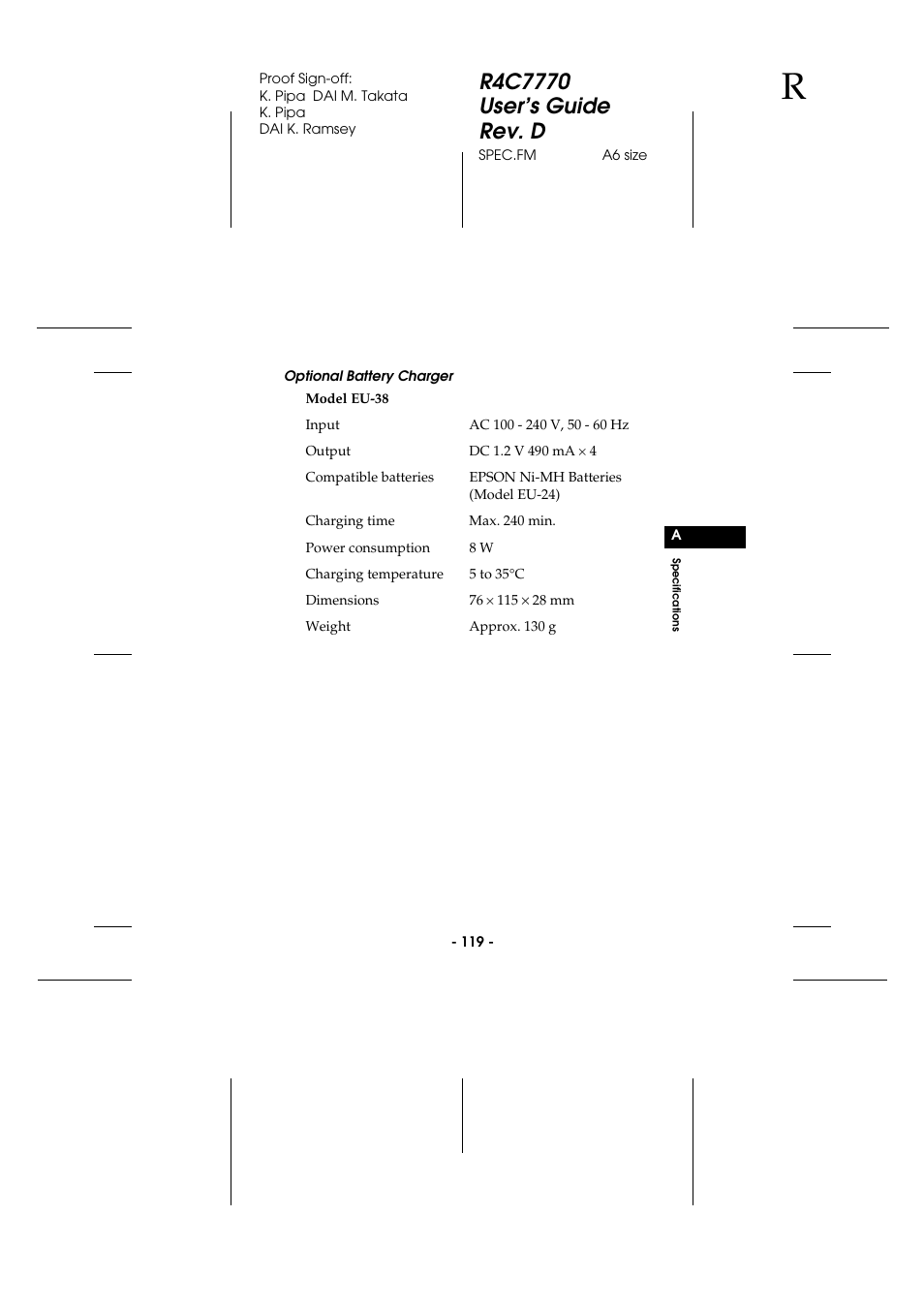 Optional battery charger | Epson 2100Z User Manual | Page 131 / 156