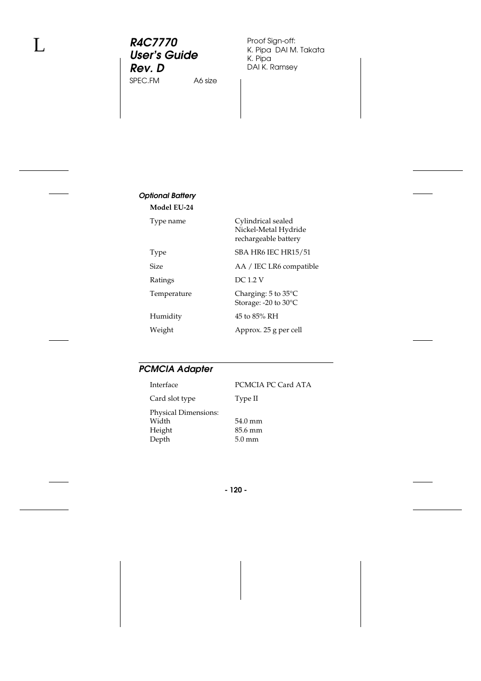 Optional battery, Pcmcia adapter | Epson 2100Z User Manual | Page 132 / 156