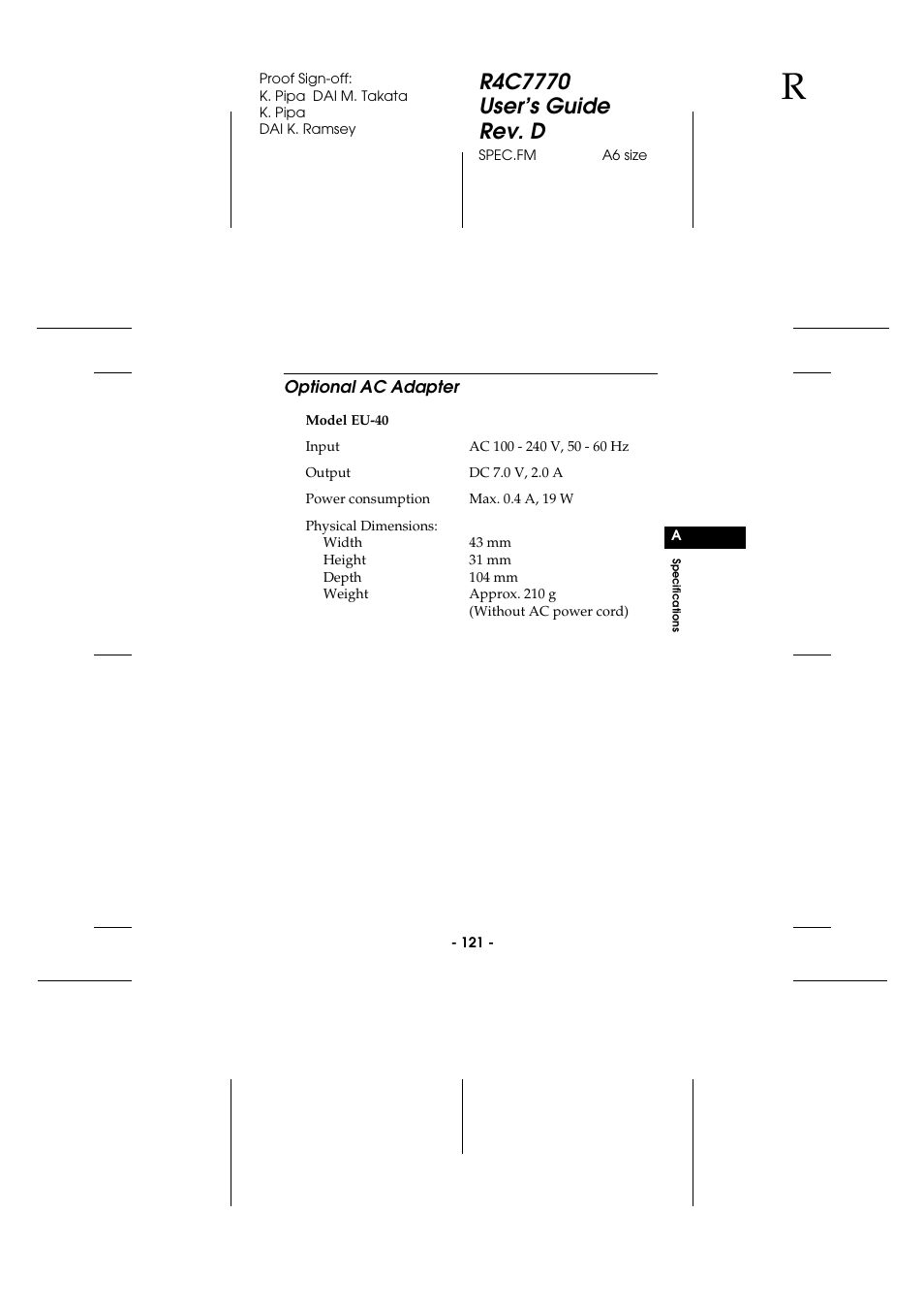 Optional ac adapter | Epson 2100Z User Manual | Page 133 / 156