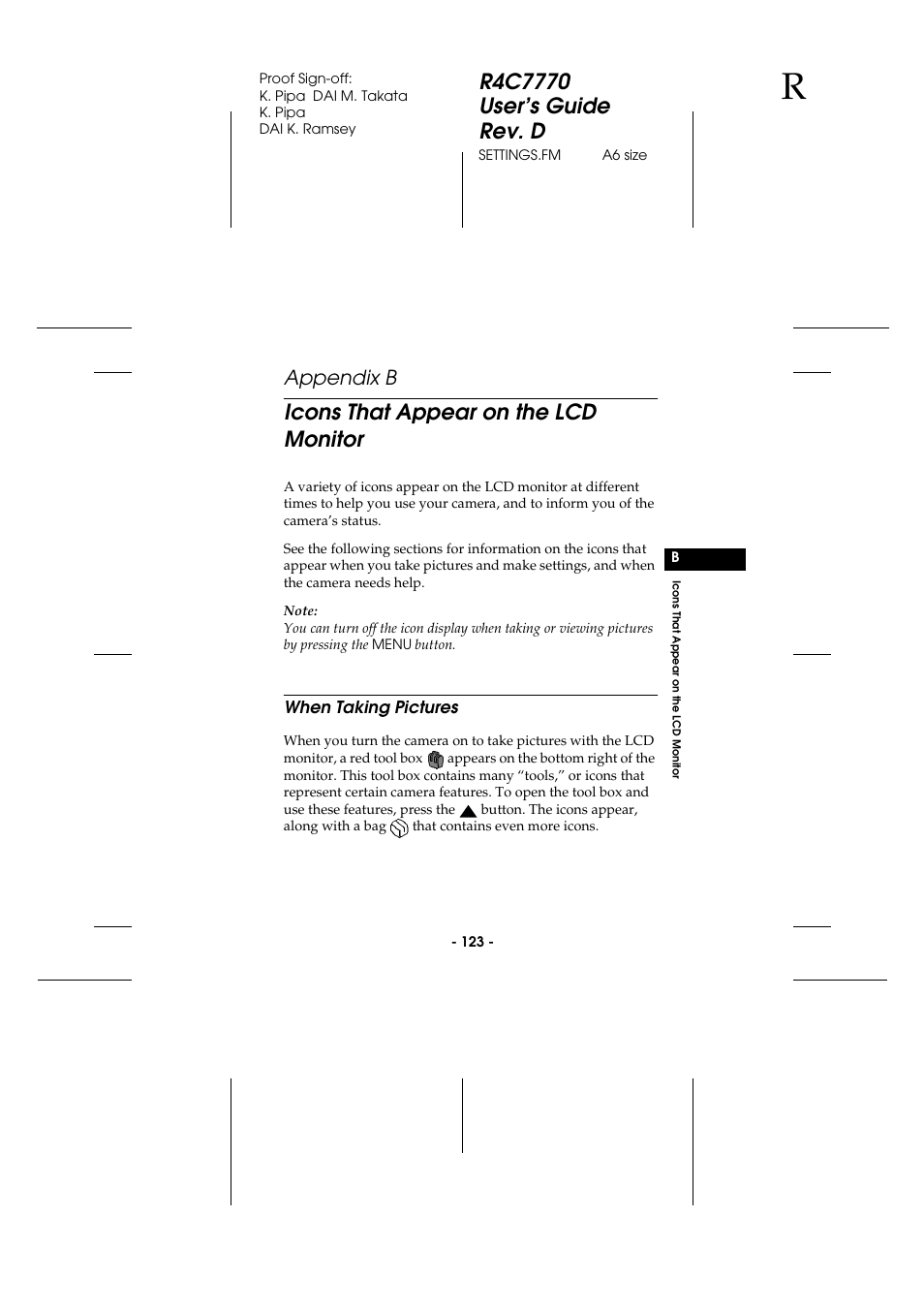B. icons that appear on the lcd monitor, When taking pictures, Icons that appear on the lcd monitor | Appendix b | Epson 2100Z User Manual | Page 135 / 156