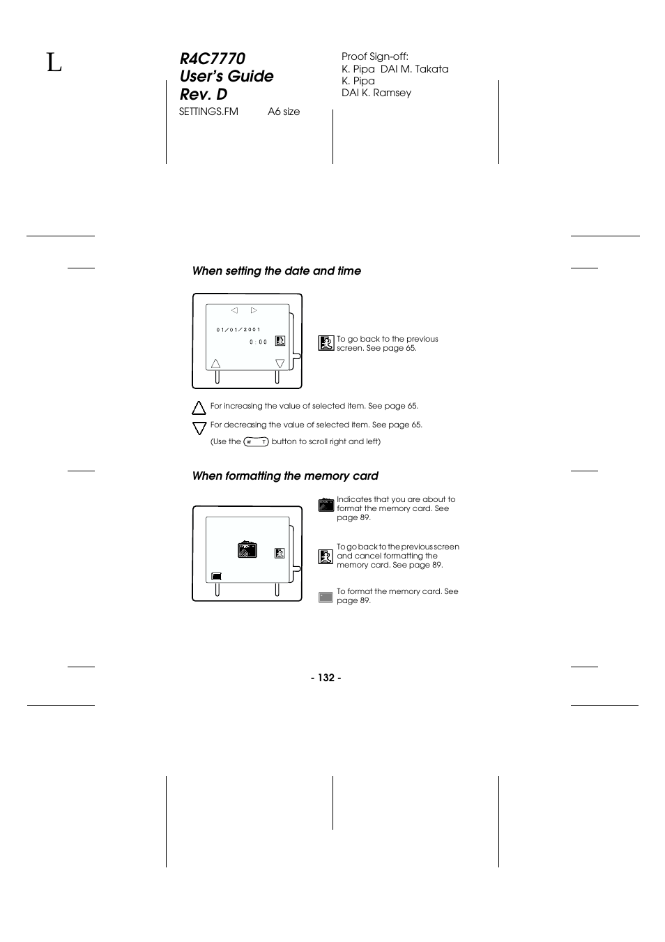 When setting the date and time, When formatting the memory card | Epson 2100Z User Manual | Page 144 / 156