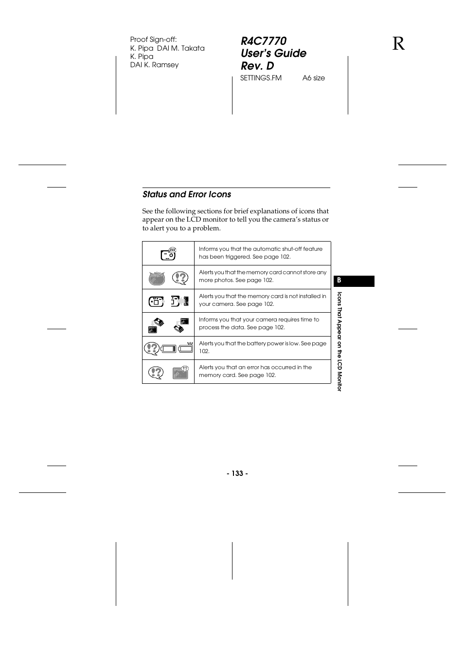 Status and error icons | Epson 2100Z User Manual | Page 145 / 156