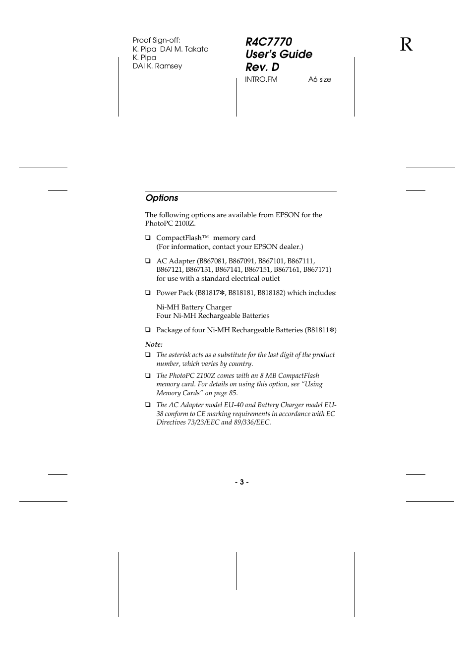 Options | Epson 2100Z User Manual | Page 15 / 156