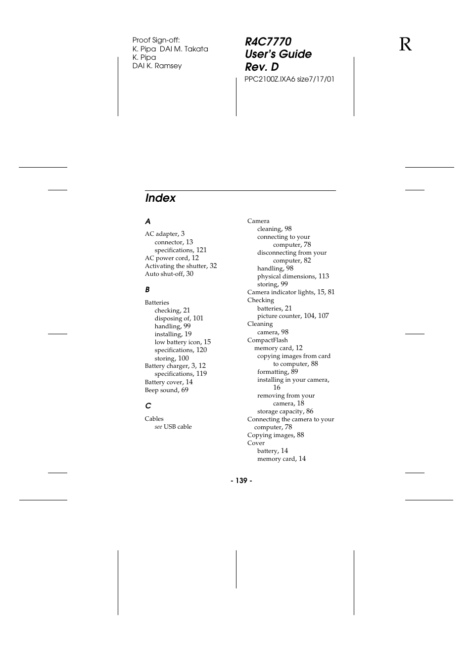 Index | Epson 2100Z User Manual | Page 151 / 156