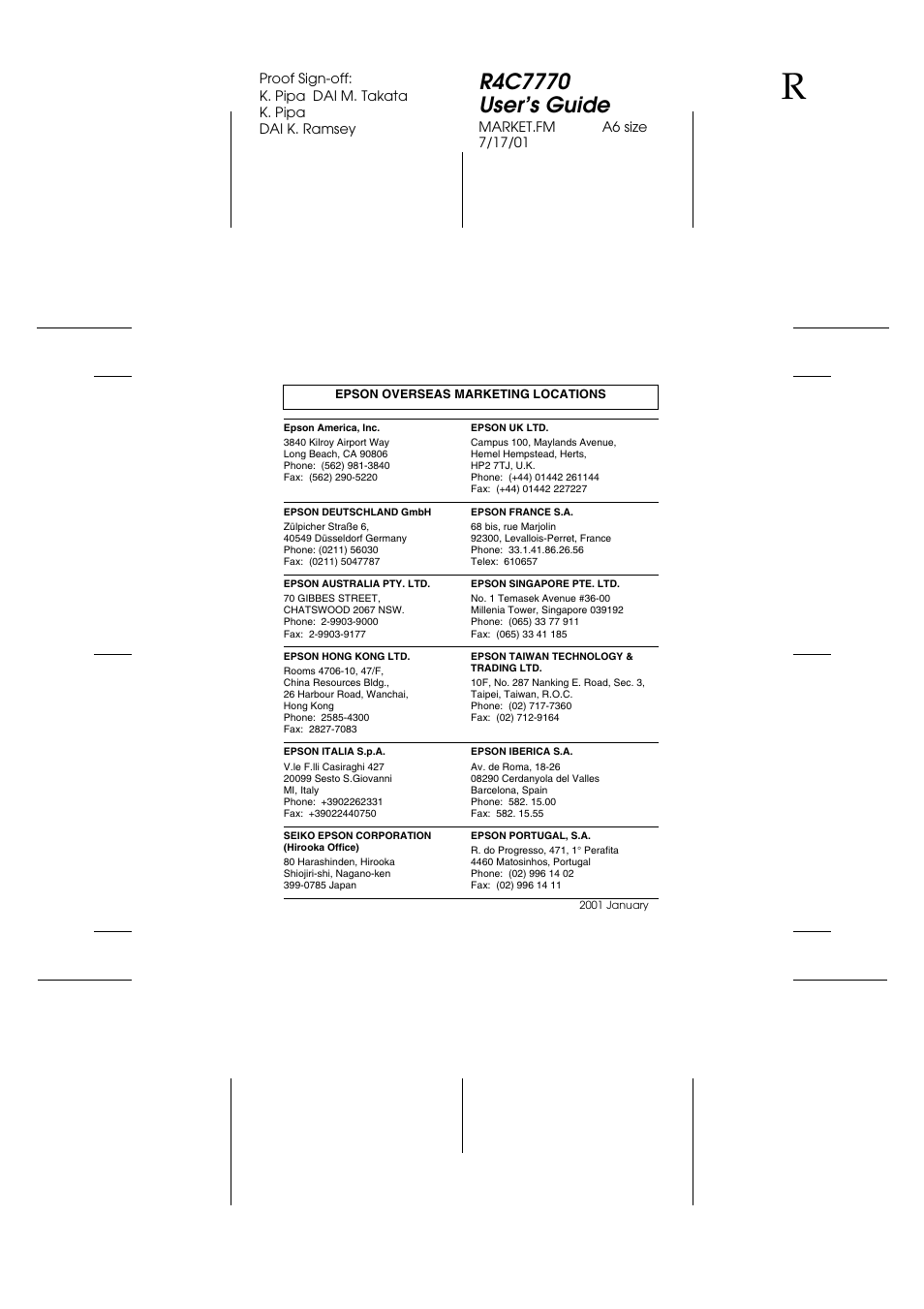 Overseas marketing locations | Epson 2100Z User Manual | Page 155 / 156
