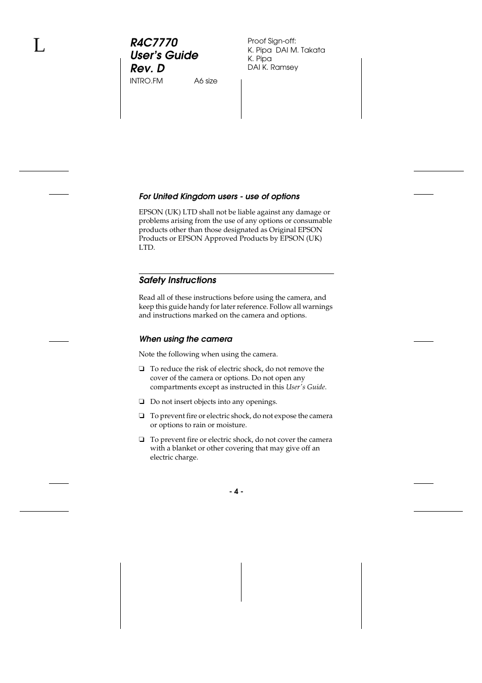 For united kingdom users - use of options, Safety instructions, When using the camera | Epson 2100Z User Manual | Page 16 / 156