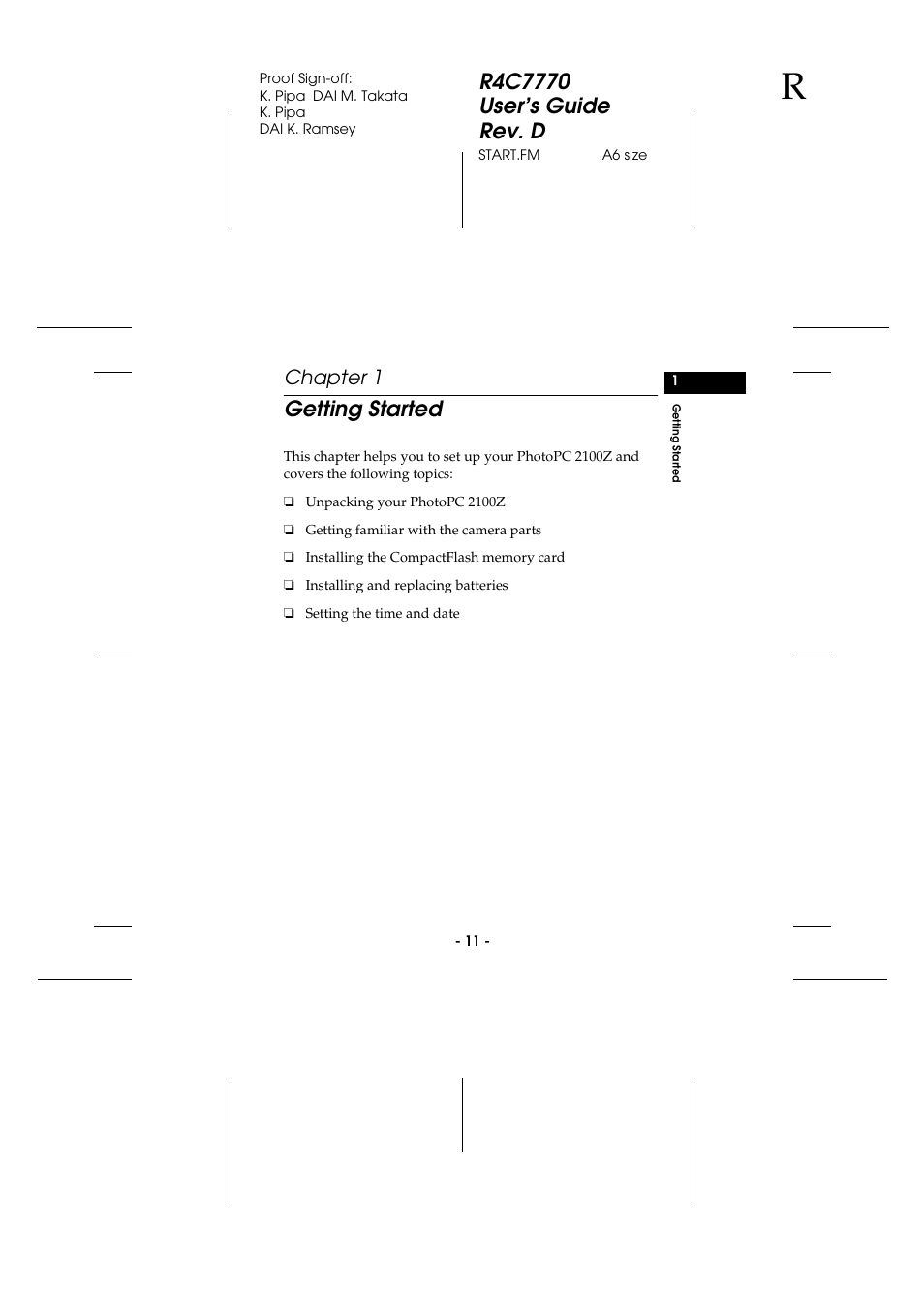 Getting started, Chapter 1 | Epson 2100Z User Manual | Page 23 / 156