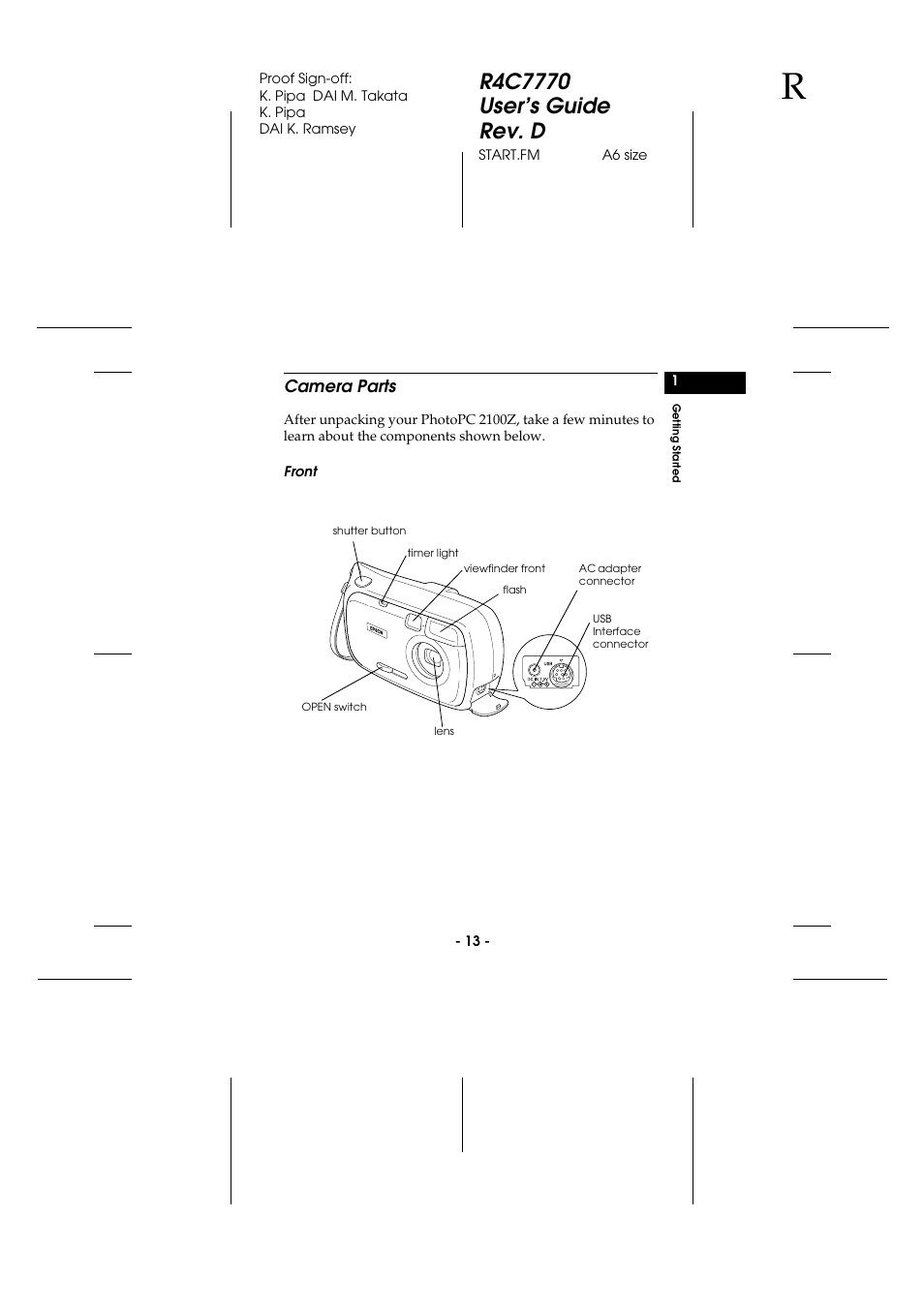 Camera parts, Front | Epson 2100Z User Manual | Page 25 / 156