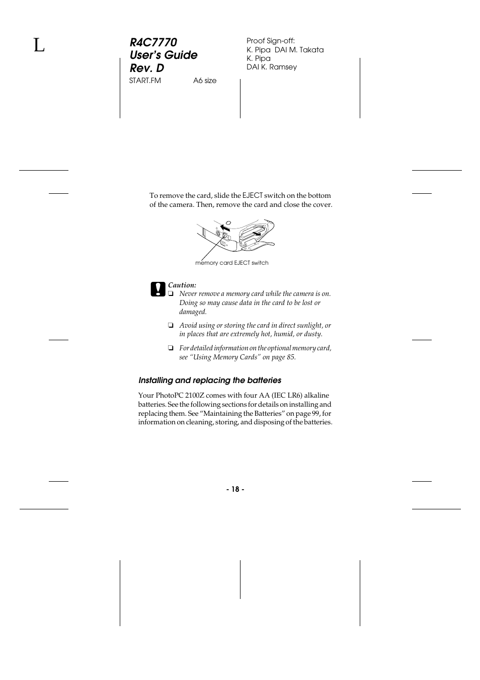 Installing and replacing the batteries | Epson 2100Z User Manual | Page 30 / 156
