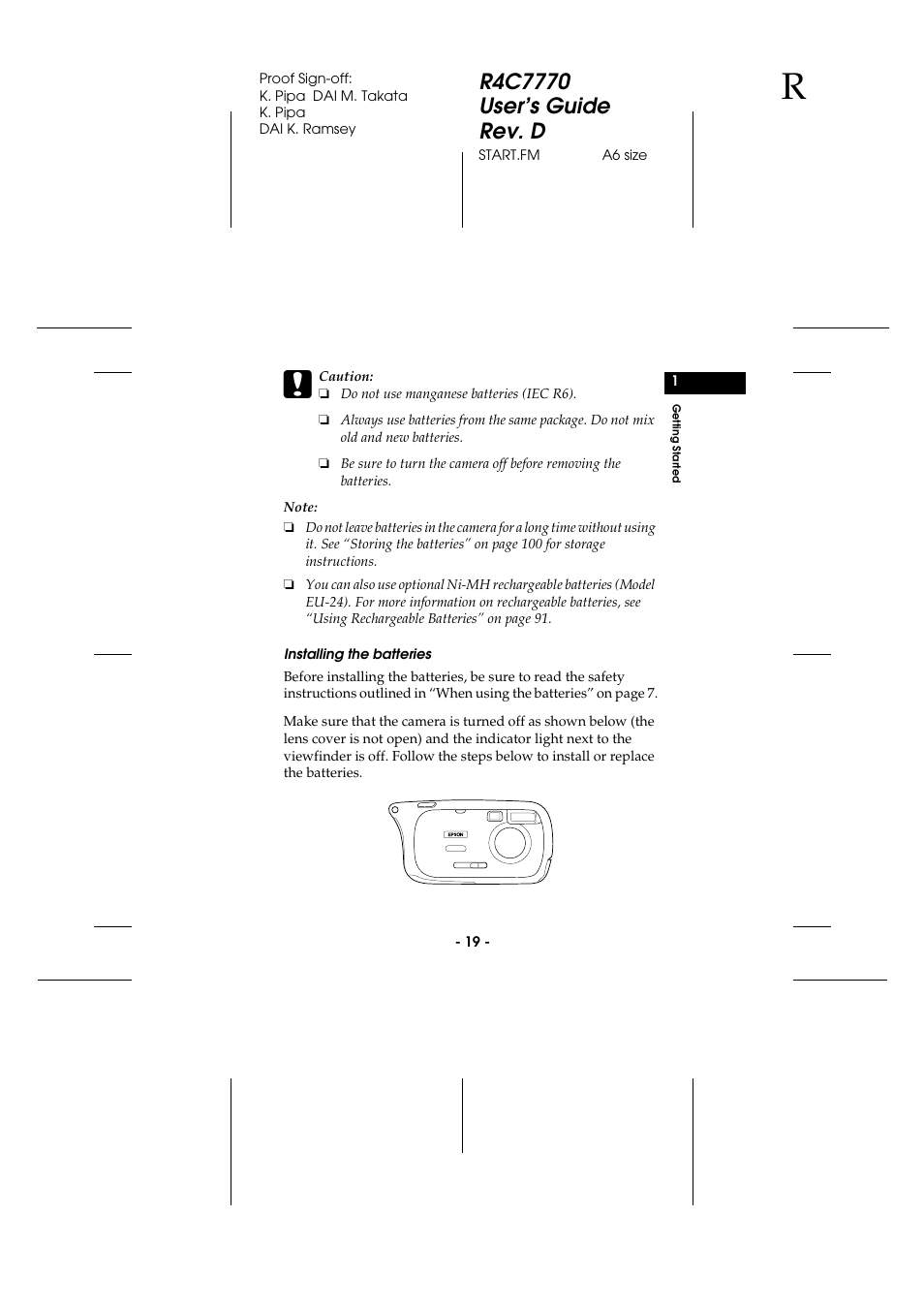 Installing the batteries | Epson 2100Z User Manual | Page 31 / 156