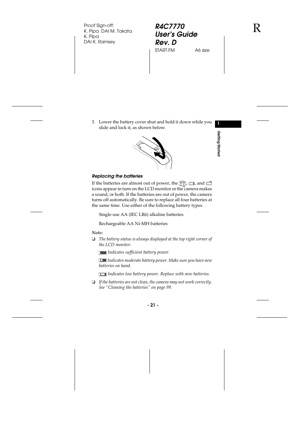 Replacing the batteries | Epson 2100Z User Manual | Page 33 / 156