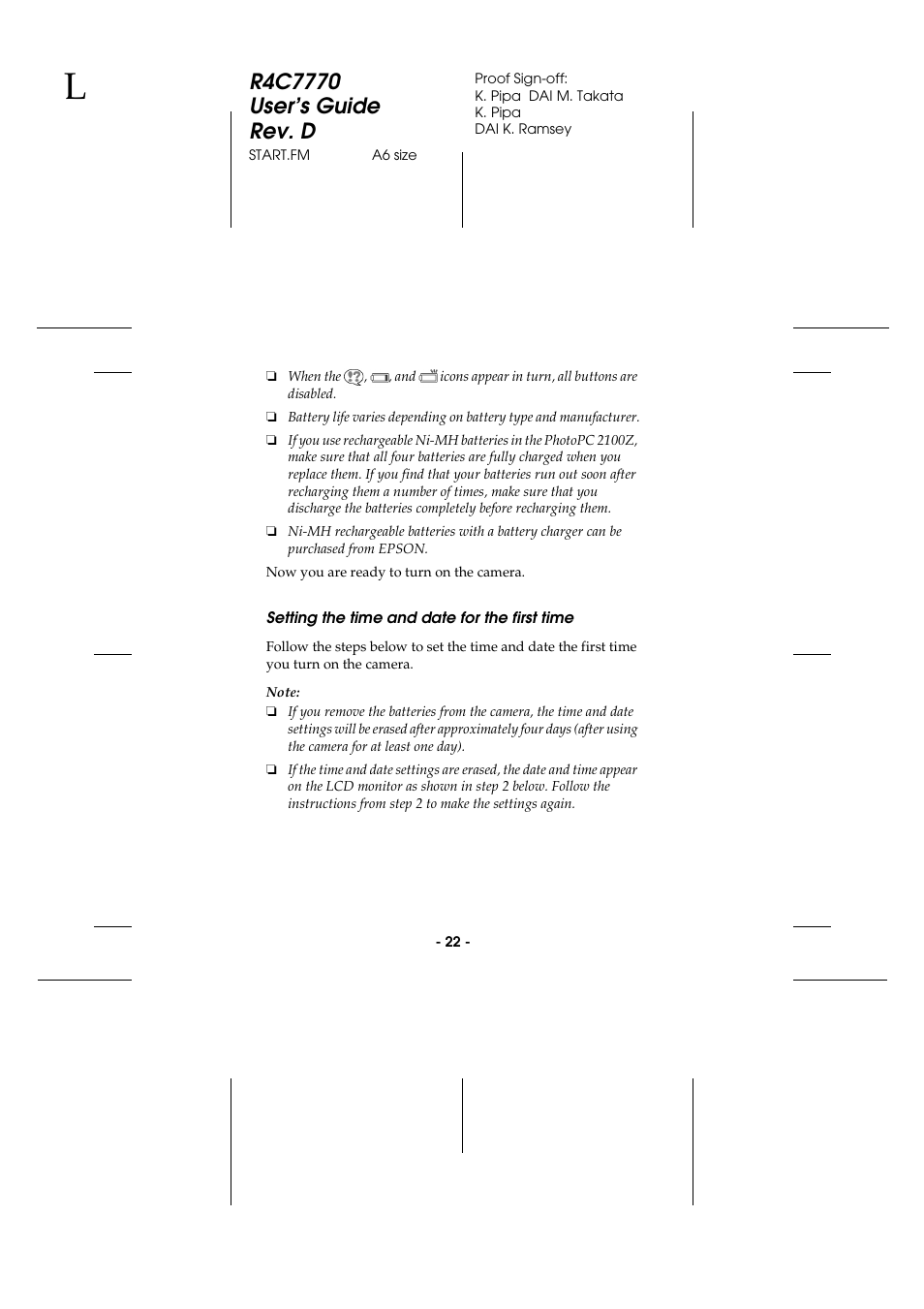 Setting the time and date for the first time | Epson 2100Z User Manual | Page 34 / 156