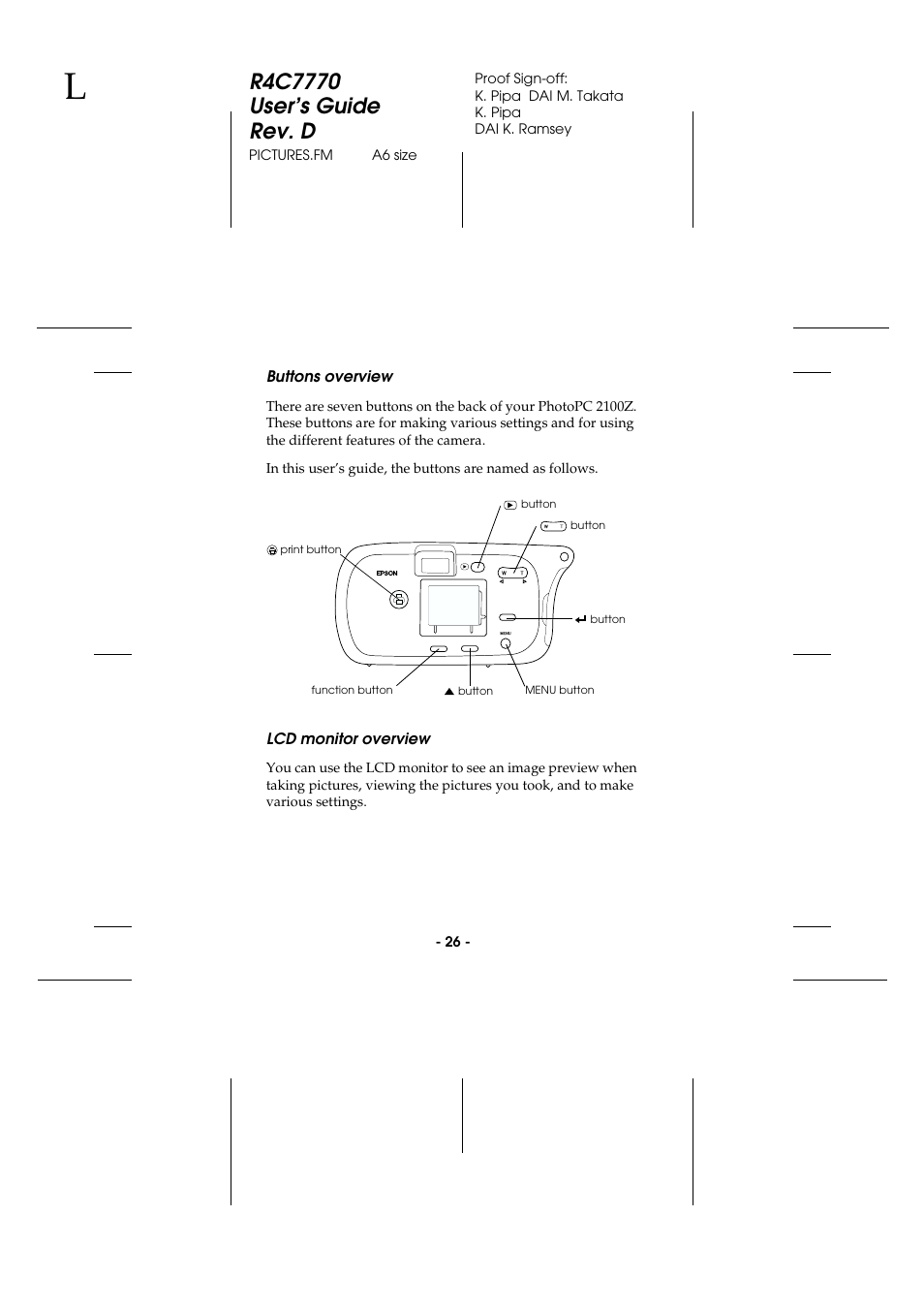 Buttons overview, Lcd monitor overview, Buttons overview lcd monitor overview | Epson 2100Z User Manual | Page 38 / 156