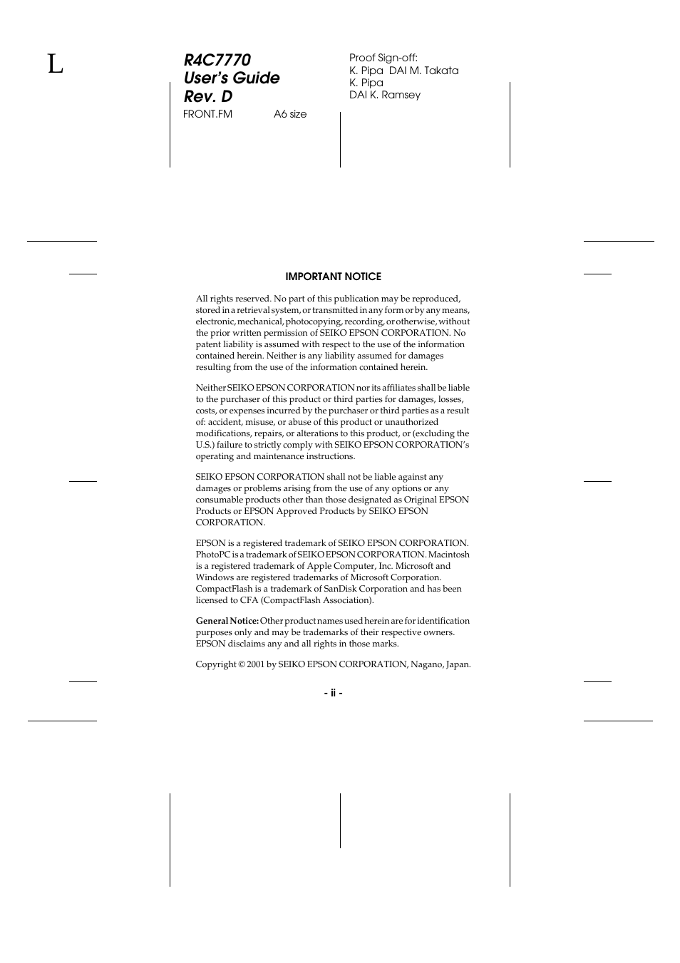 Copyright | Epson 2100Z User Manual | Page 4 / 156