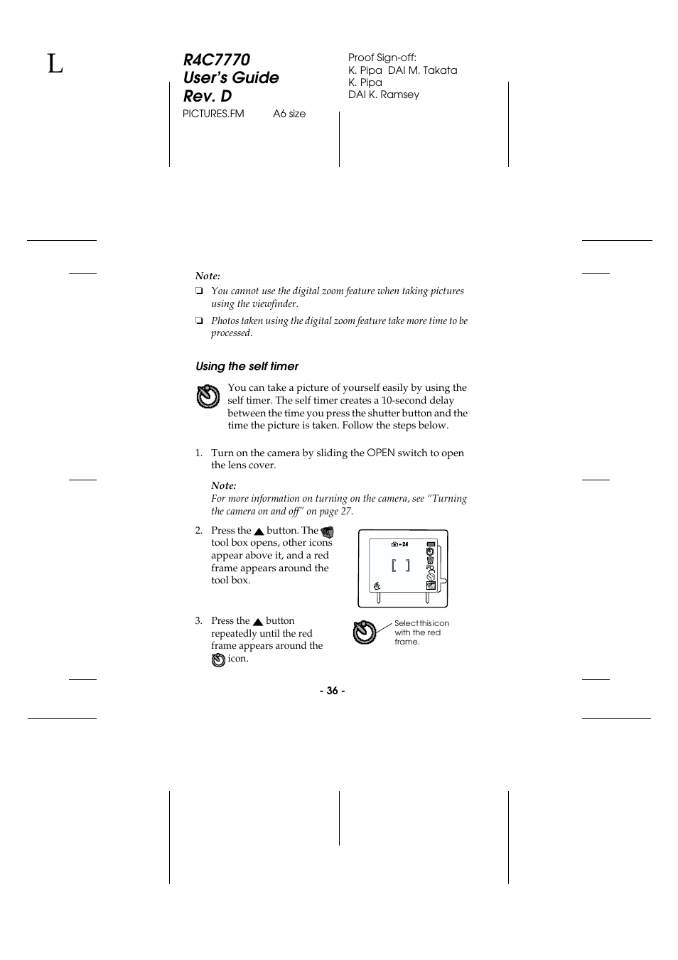 Using the self timer | Epson 2100Z User Manual | Page 48 / 156
