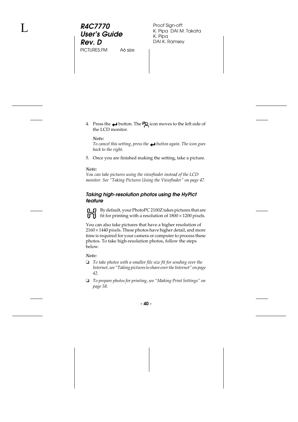 Taking high-resolution photos, Using the hypict feature | Epson 2100Z User Manual | Page 52 / 156
