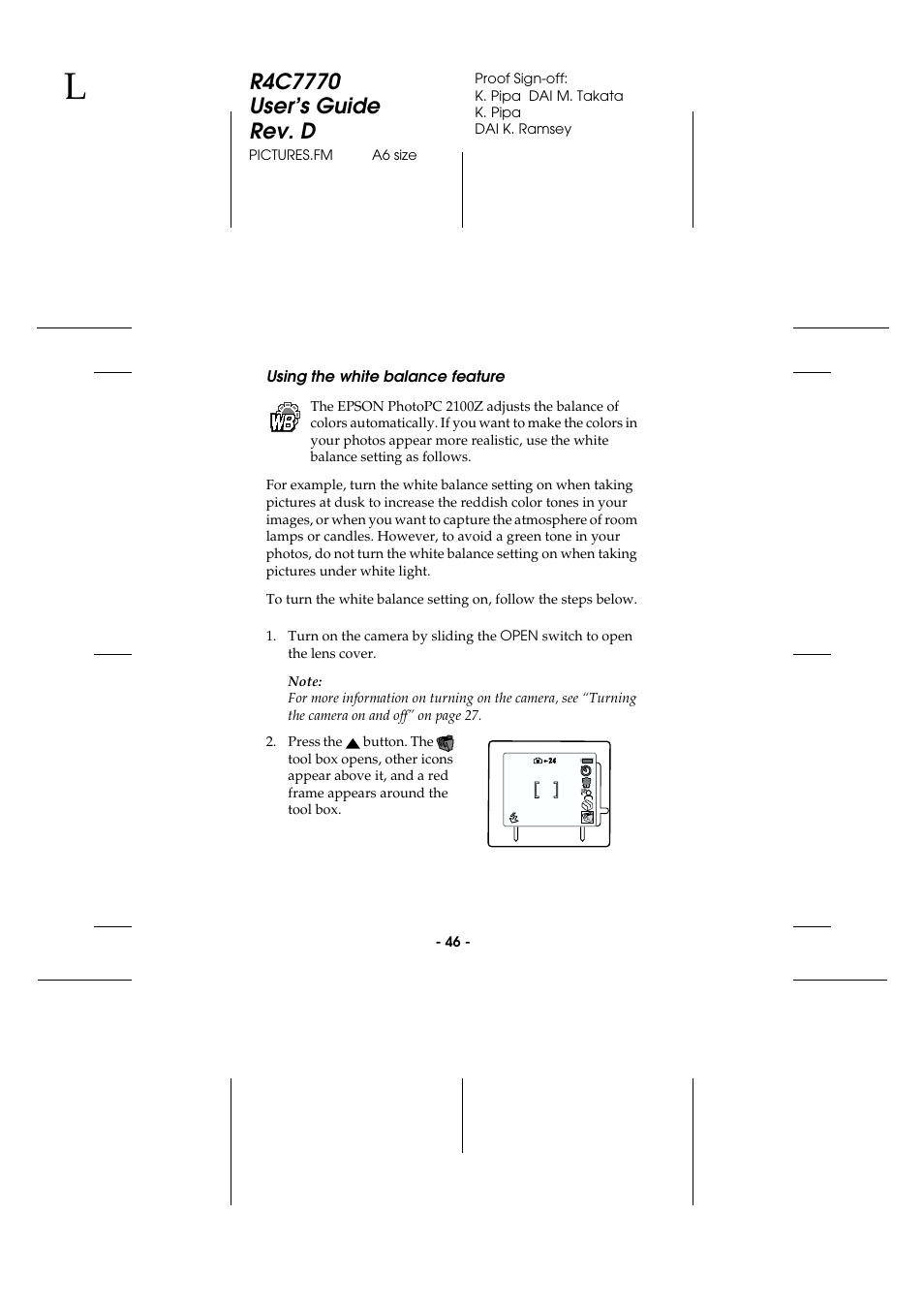 Using the white balance feature | Epson 2100Z User Manual | Page 58 / 156