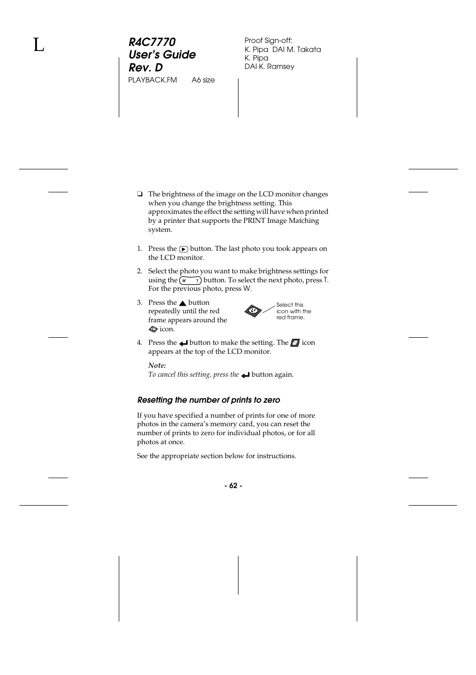 Resetting the number of prints to zero | Epson 2100Z User Manual | Page 74 / 156