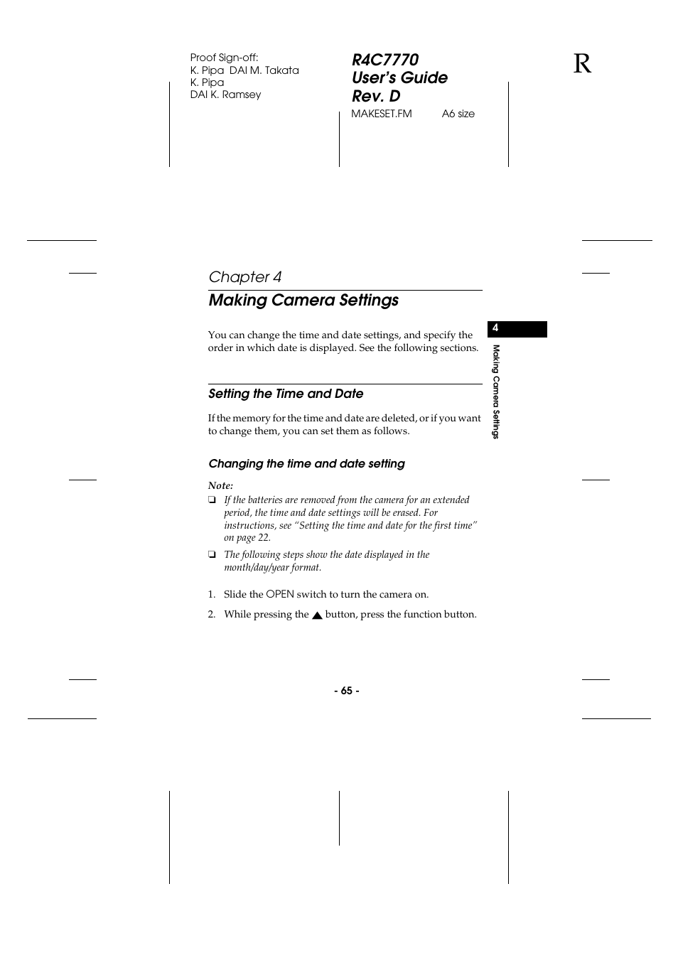 Making camera settings, Setting the time and date, Changing the time and date setting | Chapter 4 | Epson 2100Z User Manual | Page 77 / 156