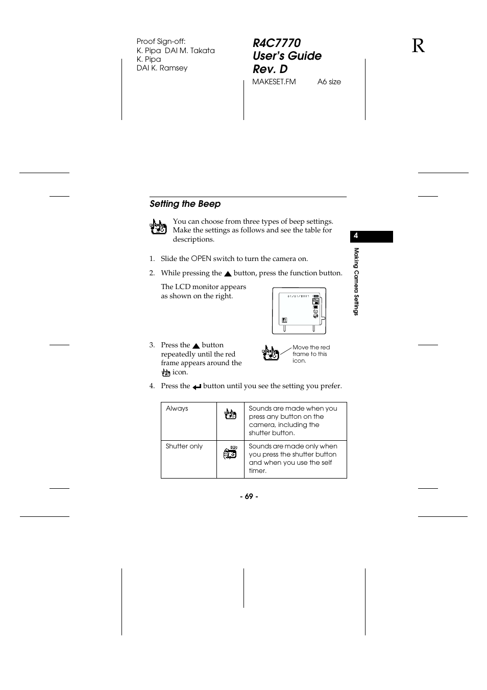 Setting the beep | Epson 2100Z User Manual | Page 81 / 156