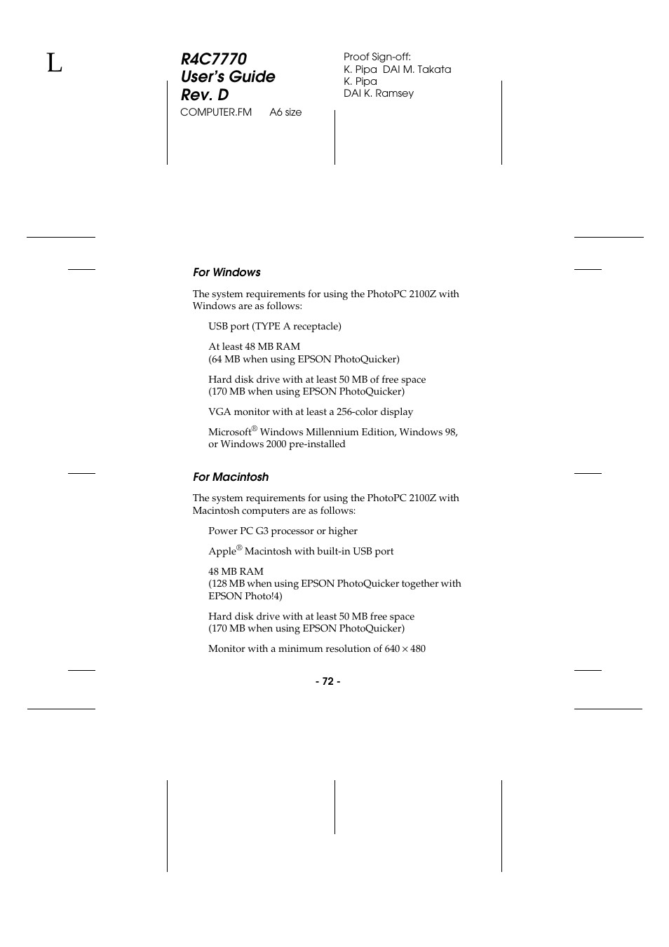 For windows, For macintosh, For windows for macintosh | Epson 2100Z User Manual | Page 84 / 156