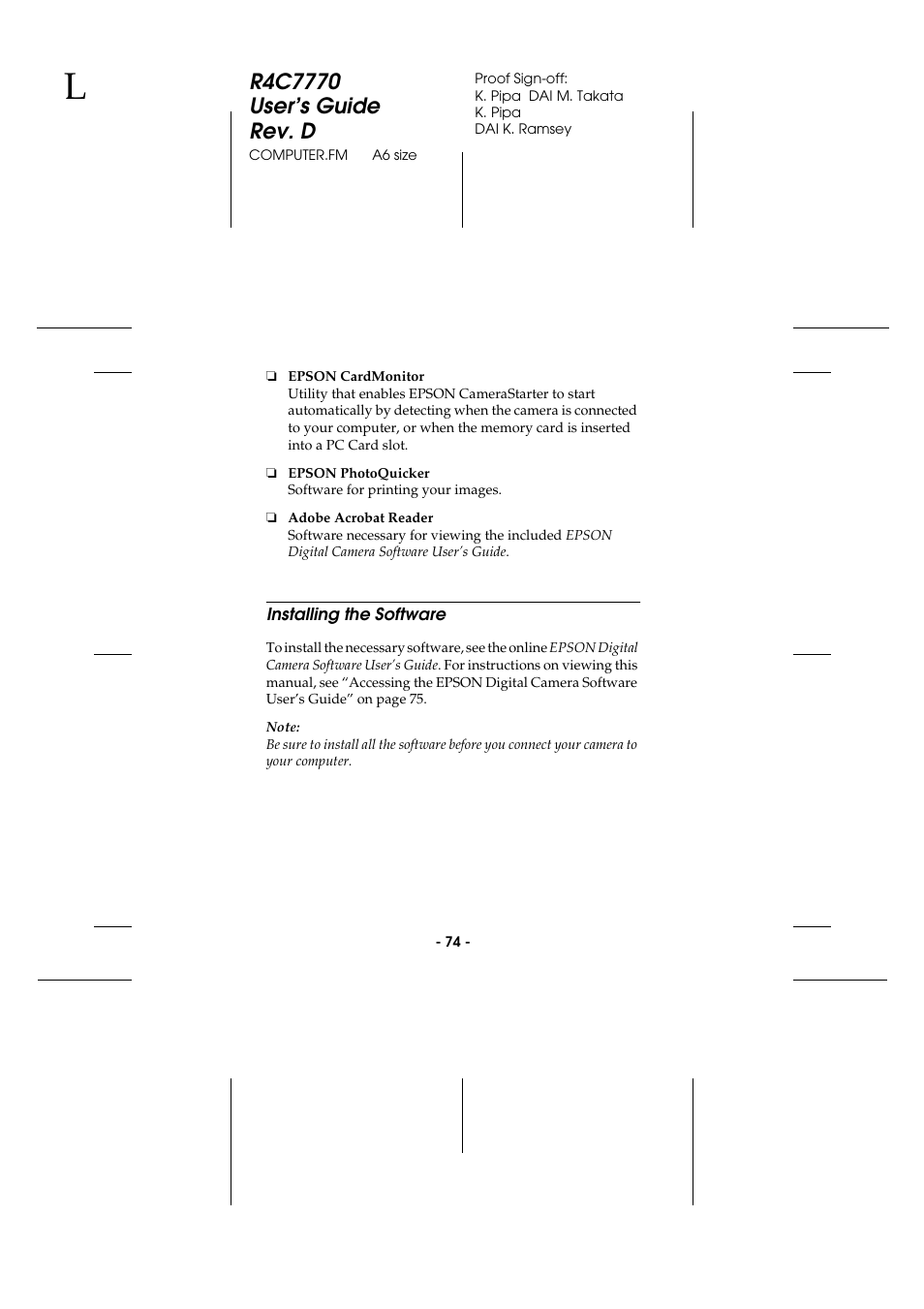 Installing the software | Epson 2100Z User Manual | Page 86 / 156